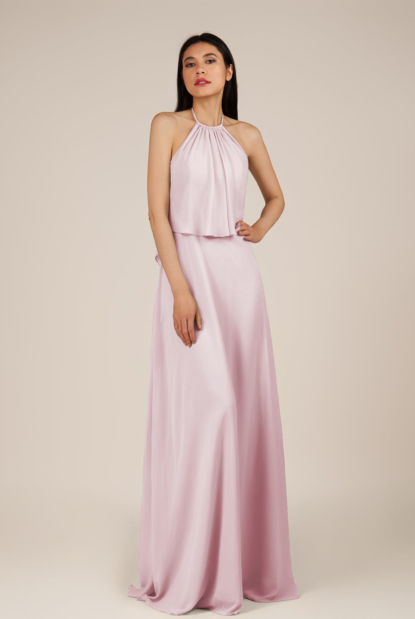 KissDress-Rhoswen Candy Pink Sheath Chiffon Halter Neck Long Bridesmaid Dress