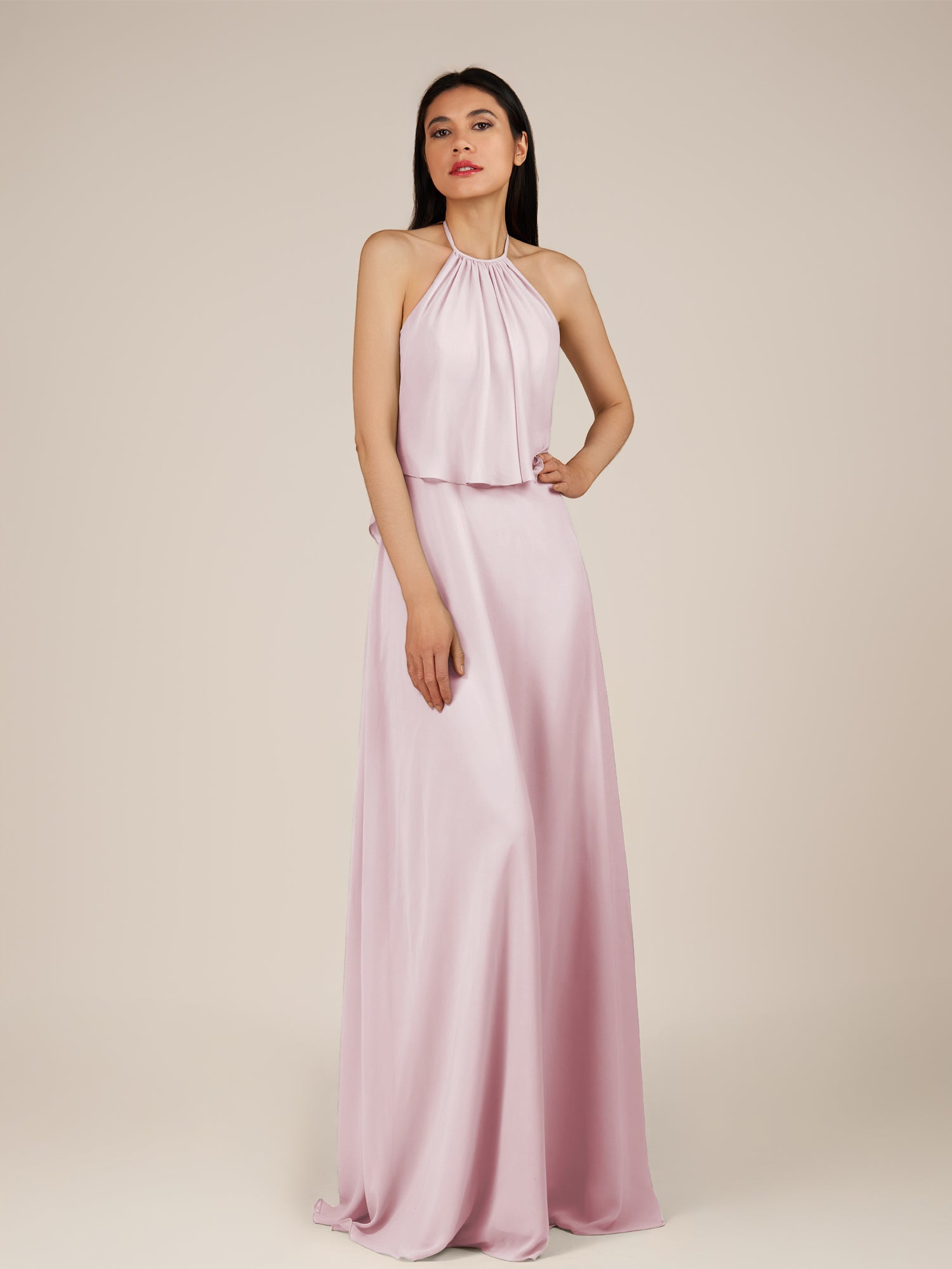 KissDress-Rhoswen Candy Pink Sheath Chiffon Halter Neck Long Bridesmaid Dress
