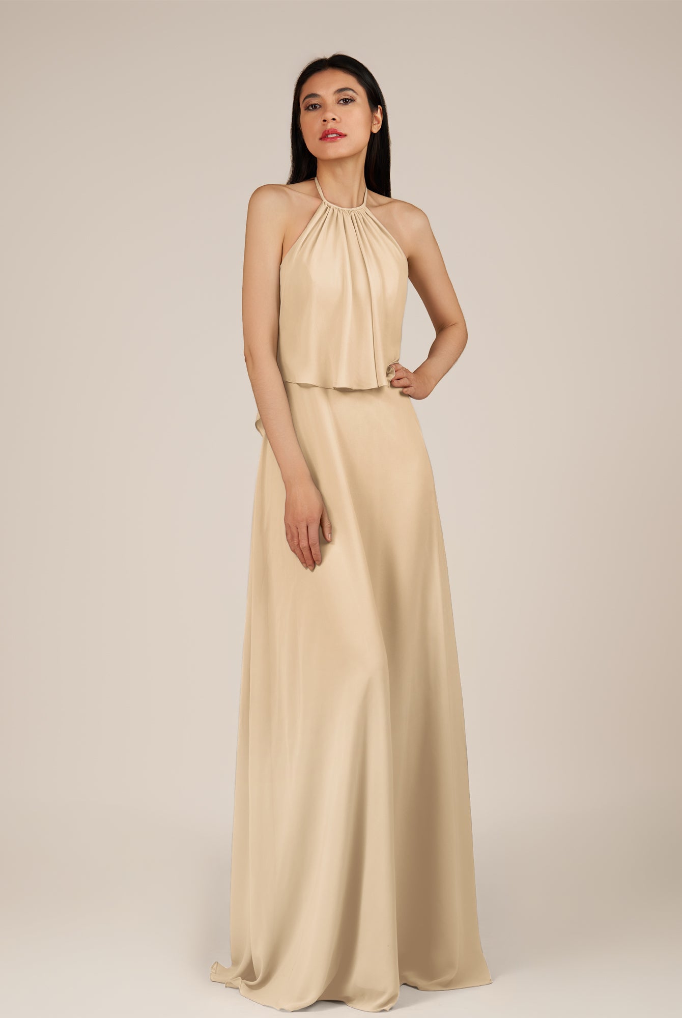 KissDress-Rhoswen Champagne Sheath Chiffon Halter Neck Long Bridesmaid Dress