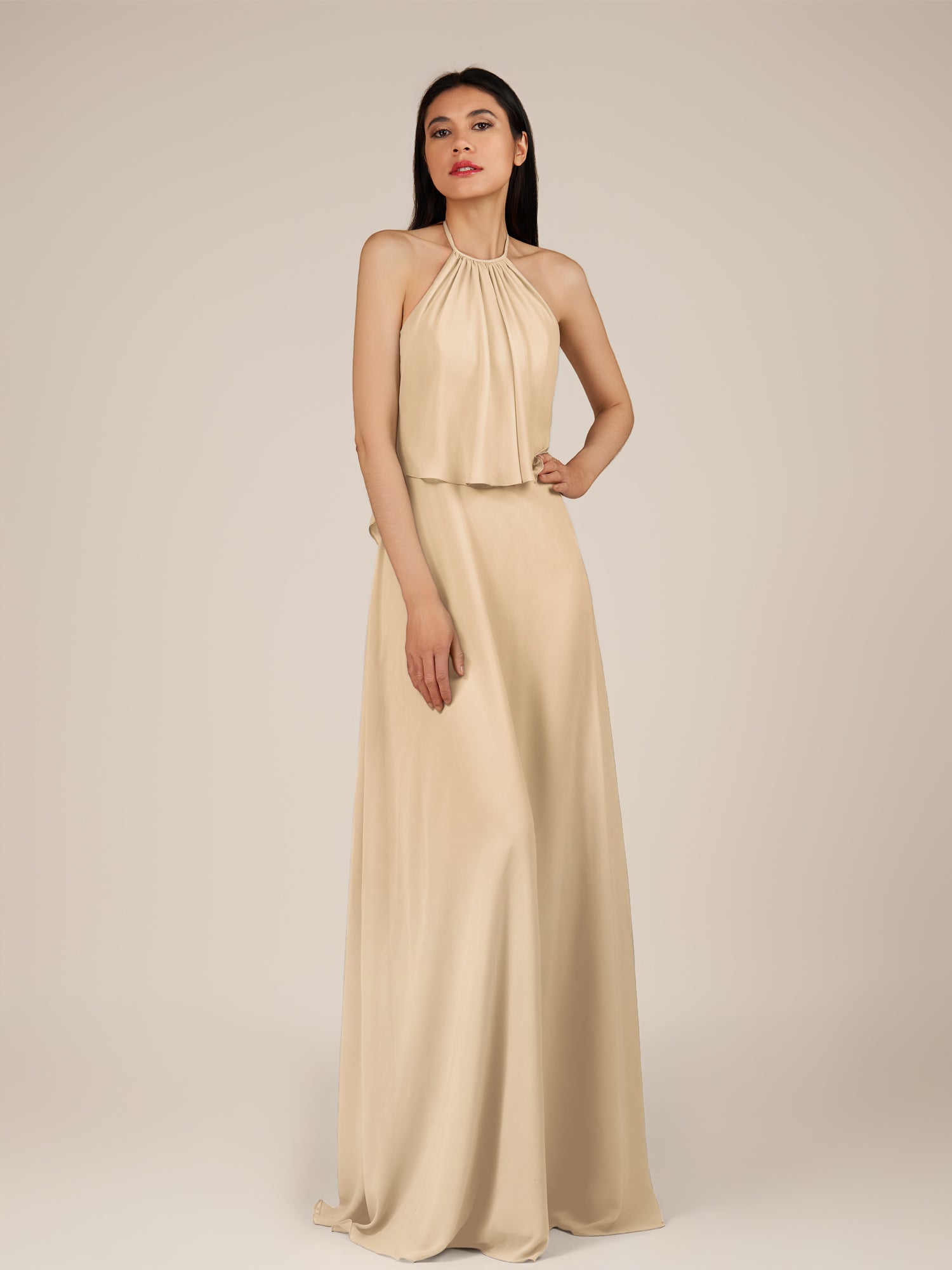 KissDress-Rhoswen Champagne Sheath Chiffon Halter Neck Long Bridesmaid Dress