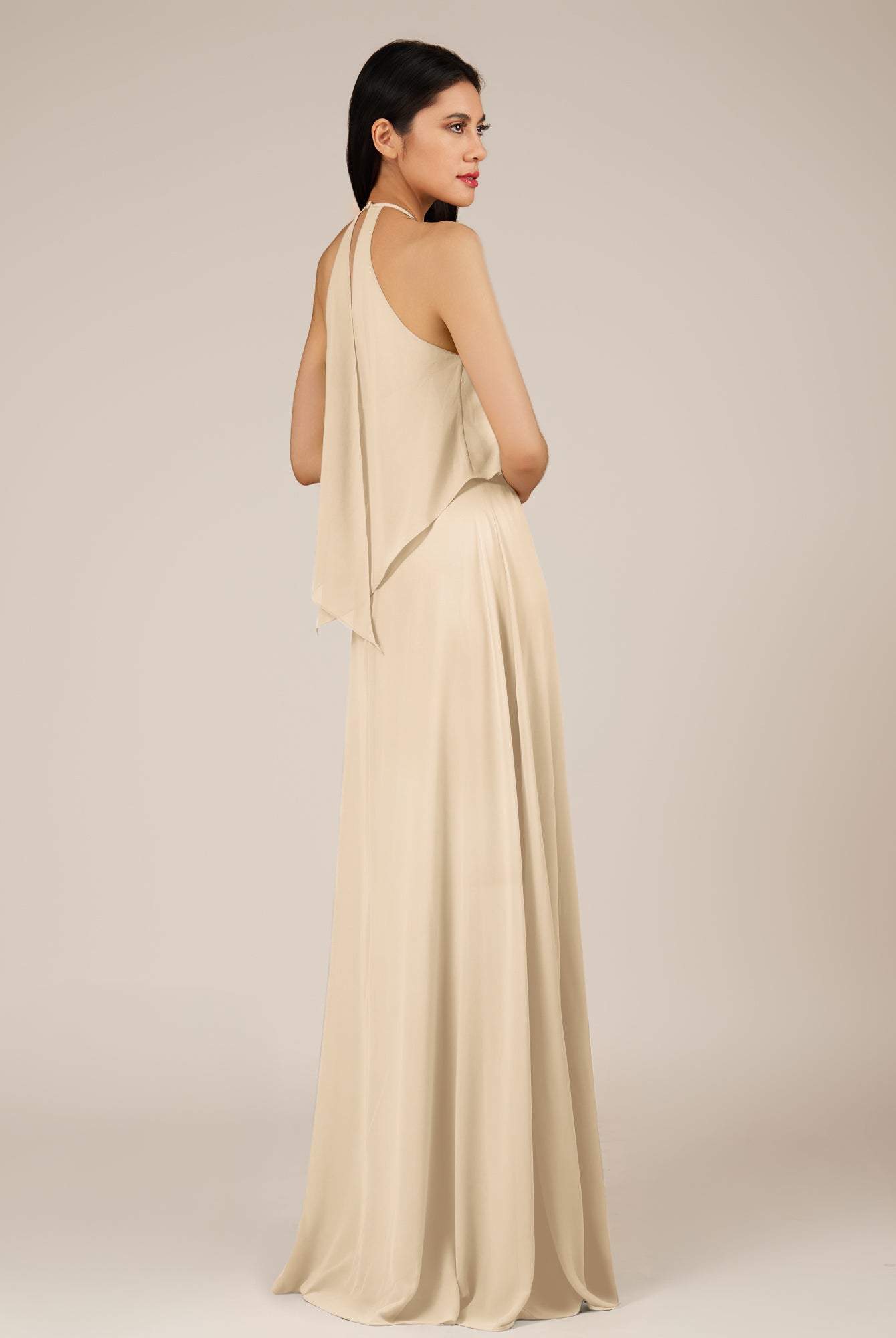 KissDress-Rhoswen Champagne Sheath Chiffon Halter Neck Long Bridesmaid Dress