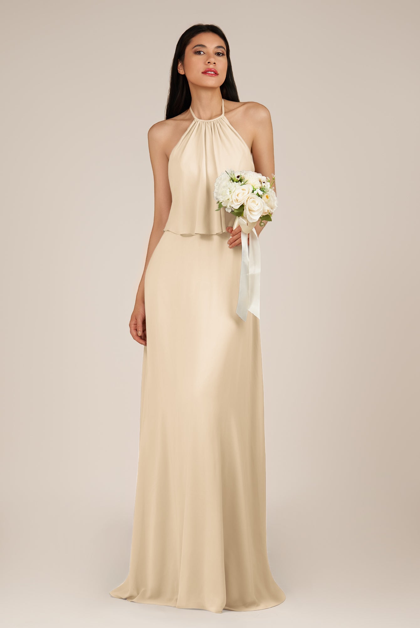 KissDress-Rhoswen Champagne Sheath Chiffon Halter Neck Long Bridesmaid Dress