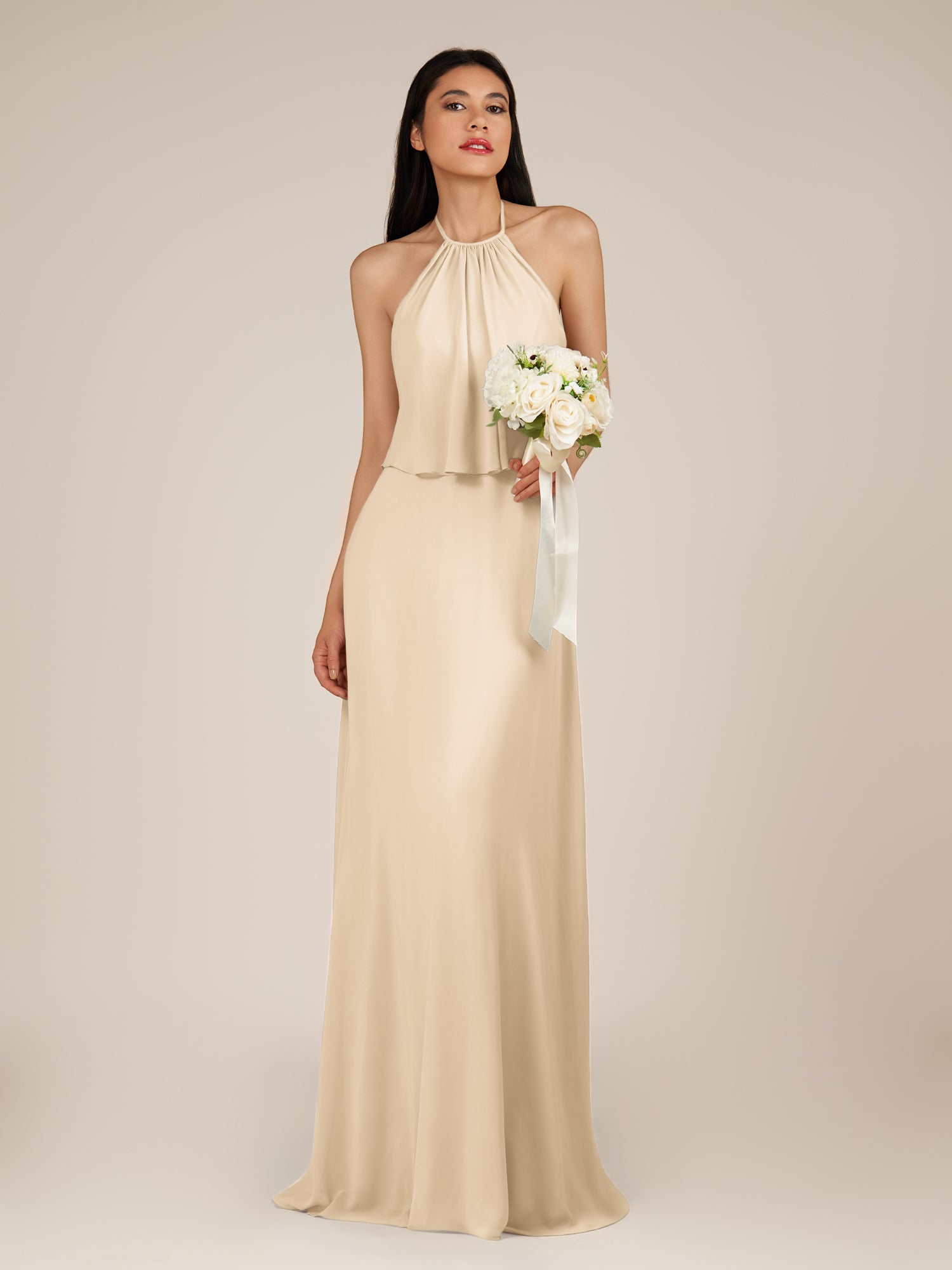 KissDress-Rhoswen Champagne Sheath Chiffon Halter Neck Long Bridesmaid Dress
