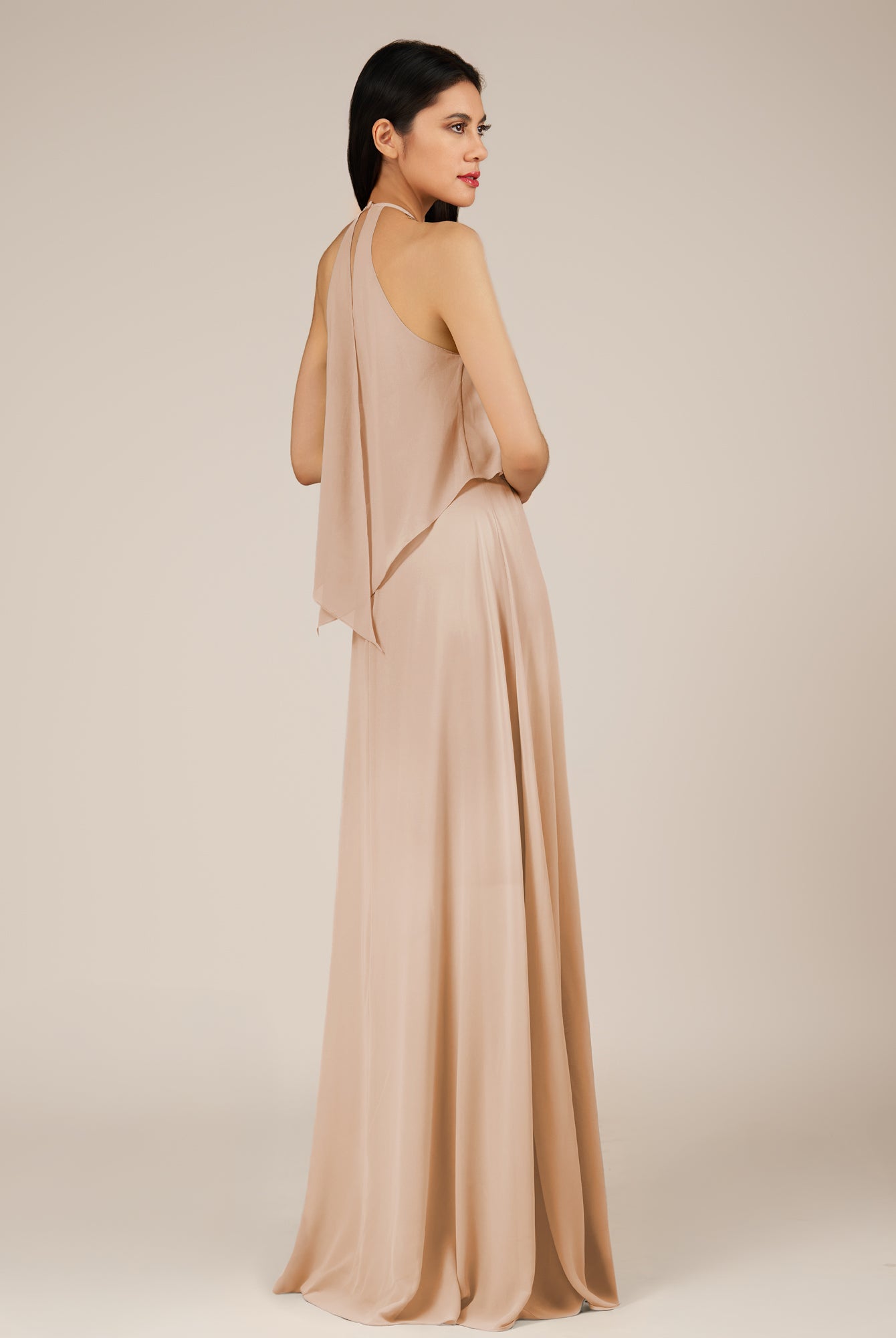 KissDress-Rhoswen Champagne Rose Sheath Chiffon Halter Neck Long Bridesmaid Dress