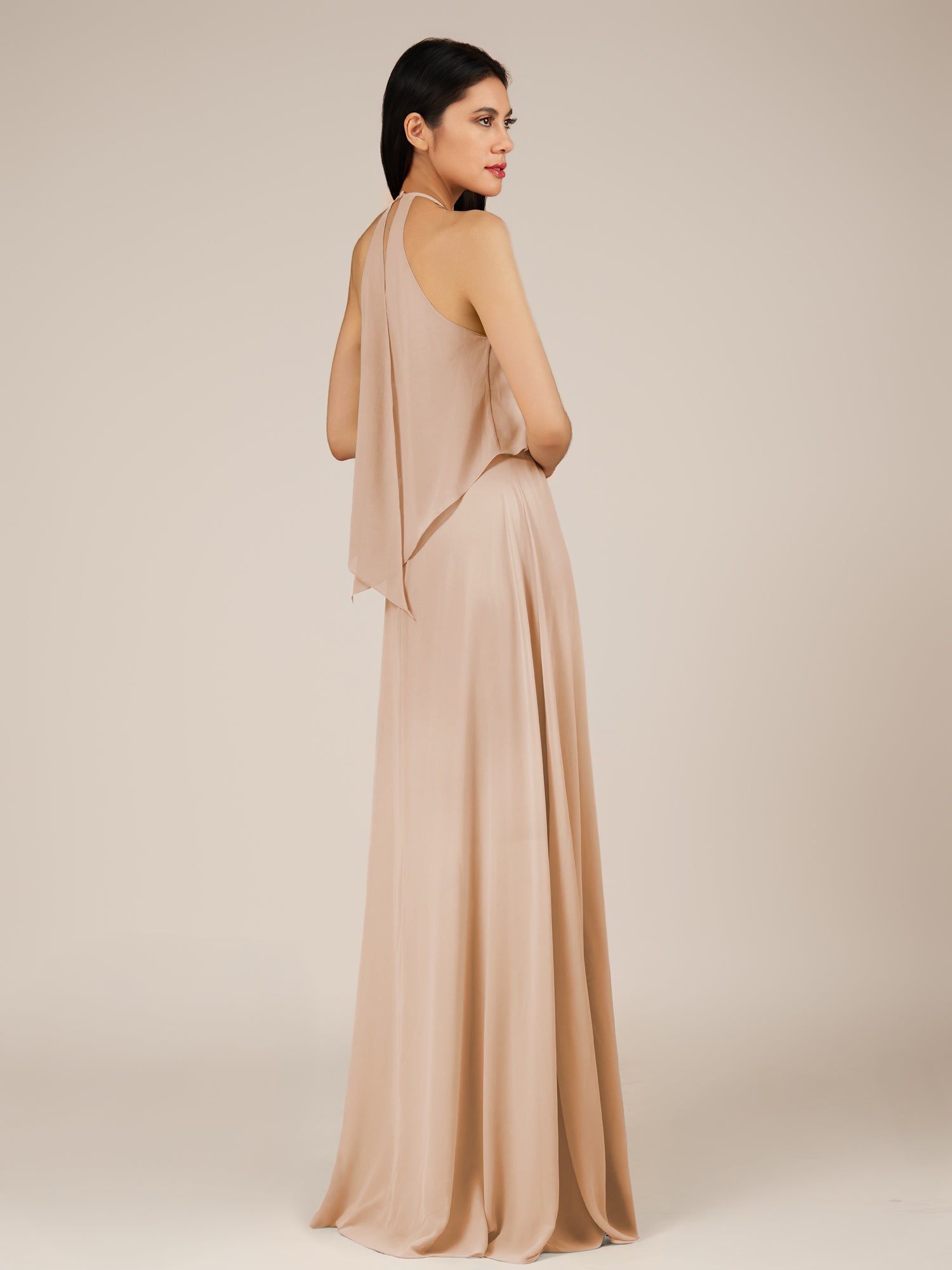 KissDress-Rhoswen Champagne Rose Sheath Chiffon Halter Neck Long Bridesmaid Dress