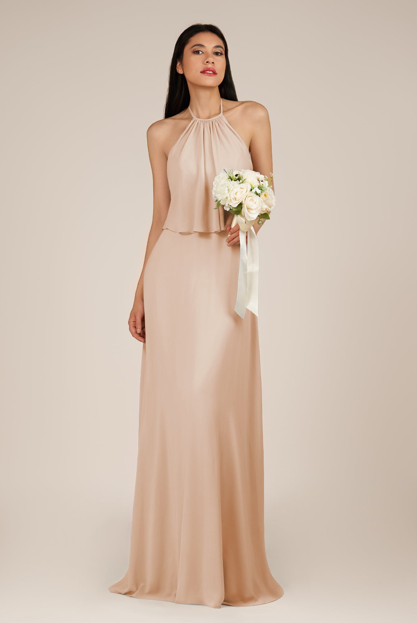 KissDress-Rhoswen Champagne Rose Sheath Chiffon Halter Neck Long Bridesmaid Dress