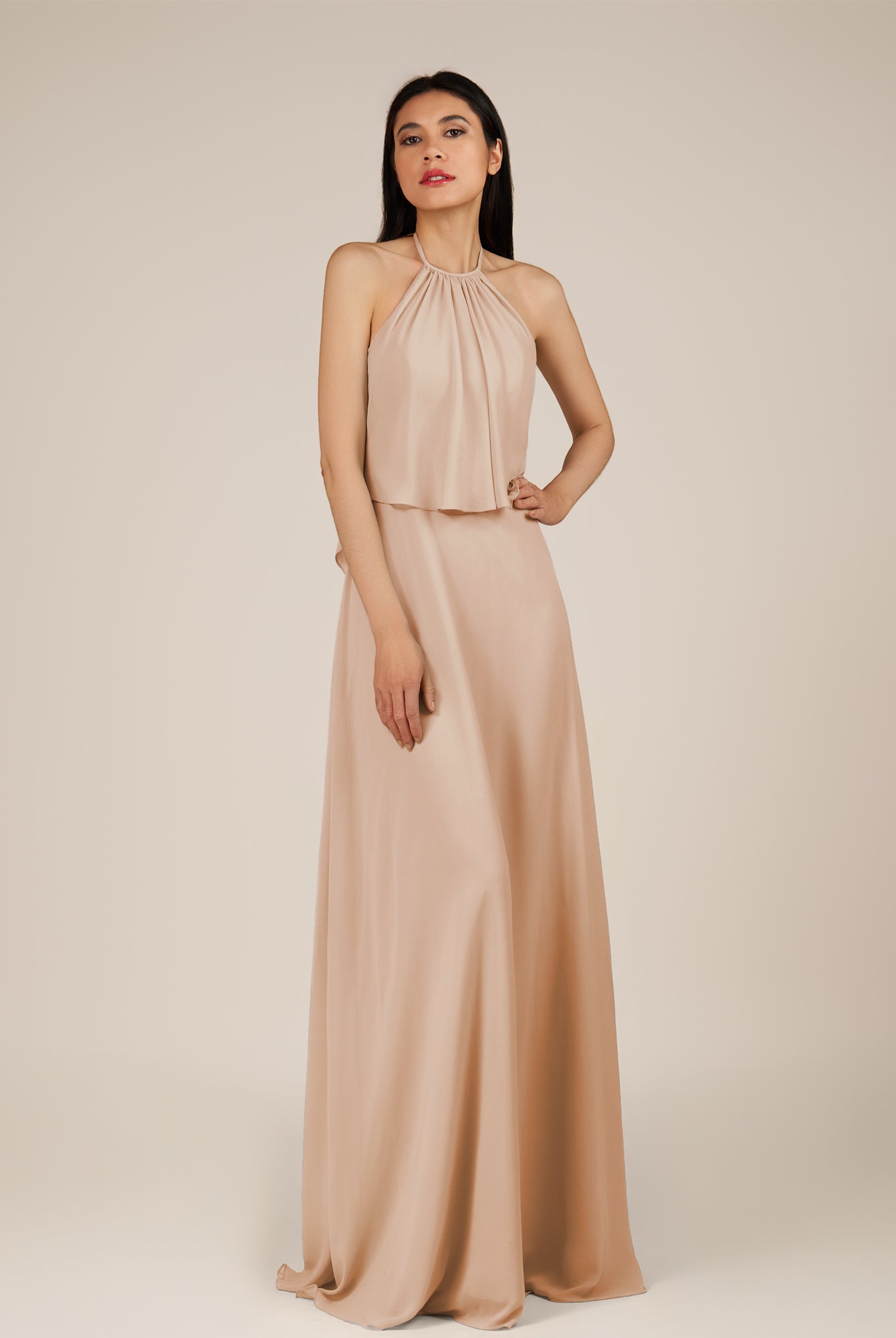 KissDress-Rhoswen Champagne Rose Sheath Chiffon Halter Neck Long Bridesmaid Dress