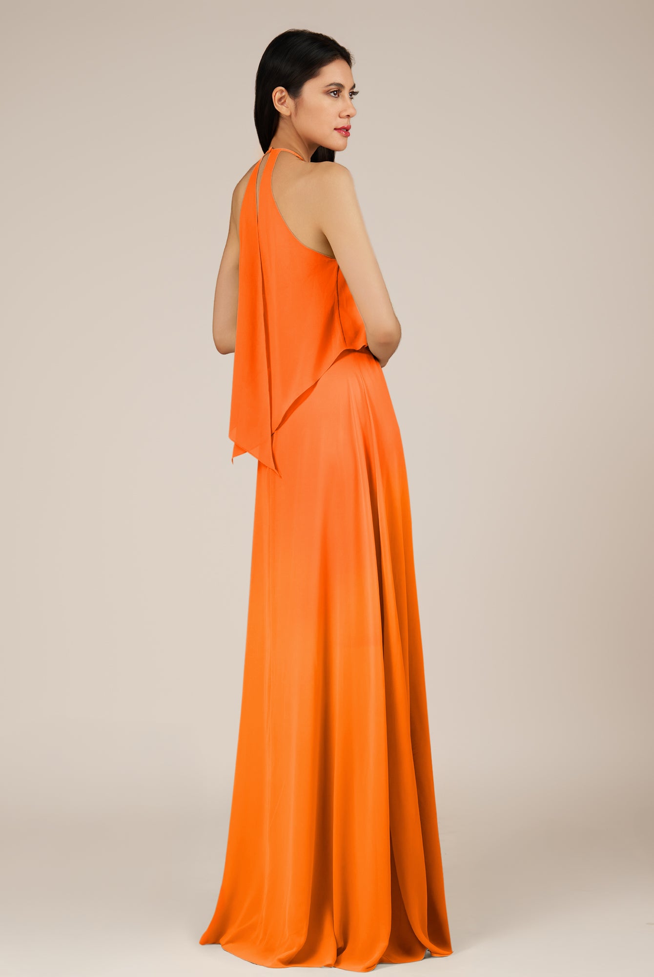 KissDress-Rhoswen Cinnamon Sheath Chiffon Halter Neck Long Bridesmaid Dress