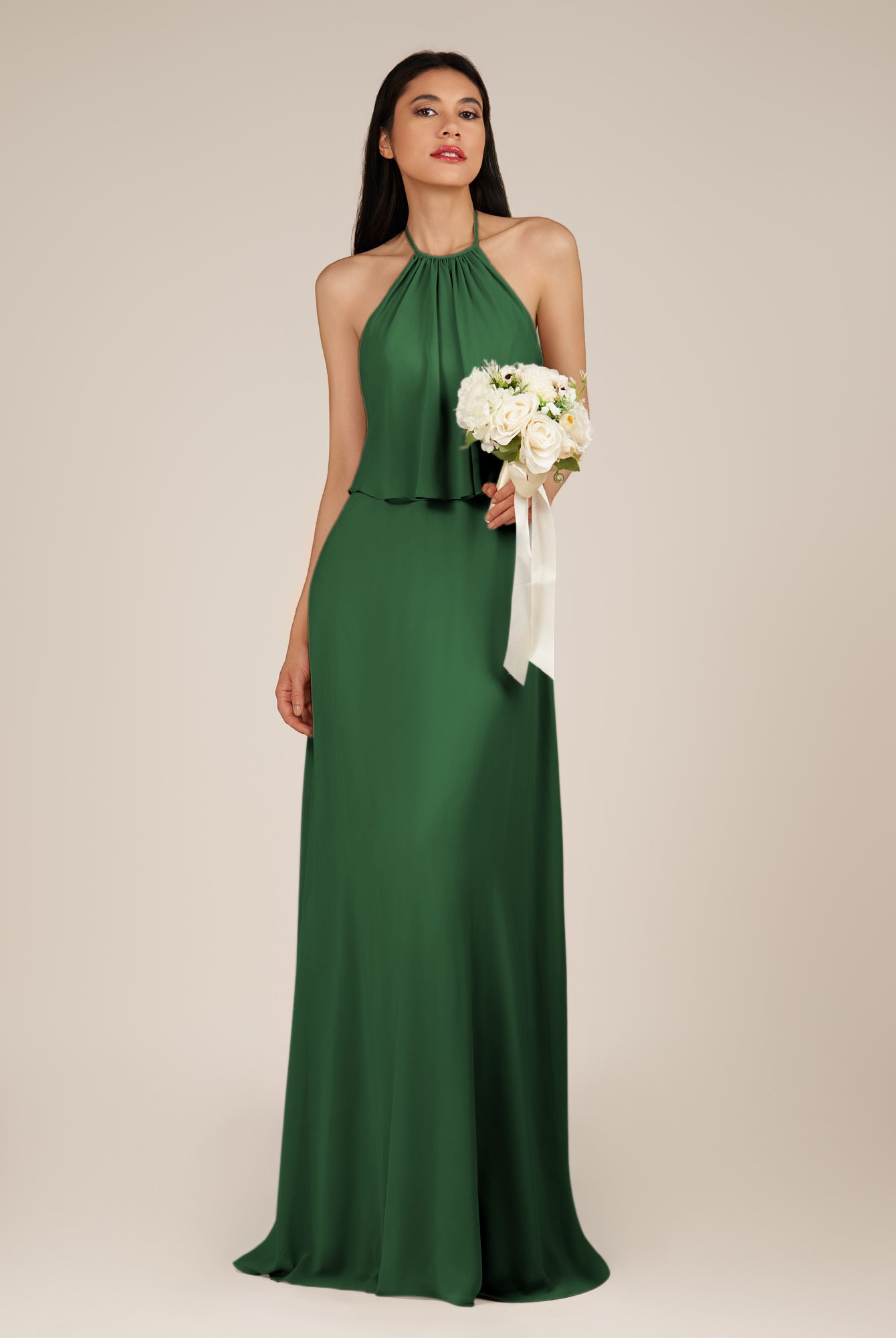 KissDress-Rhoswen Dark Green Sheath Chiffon Halter Neck Long Bridesmaid Dress
