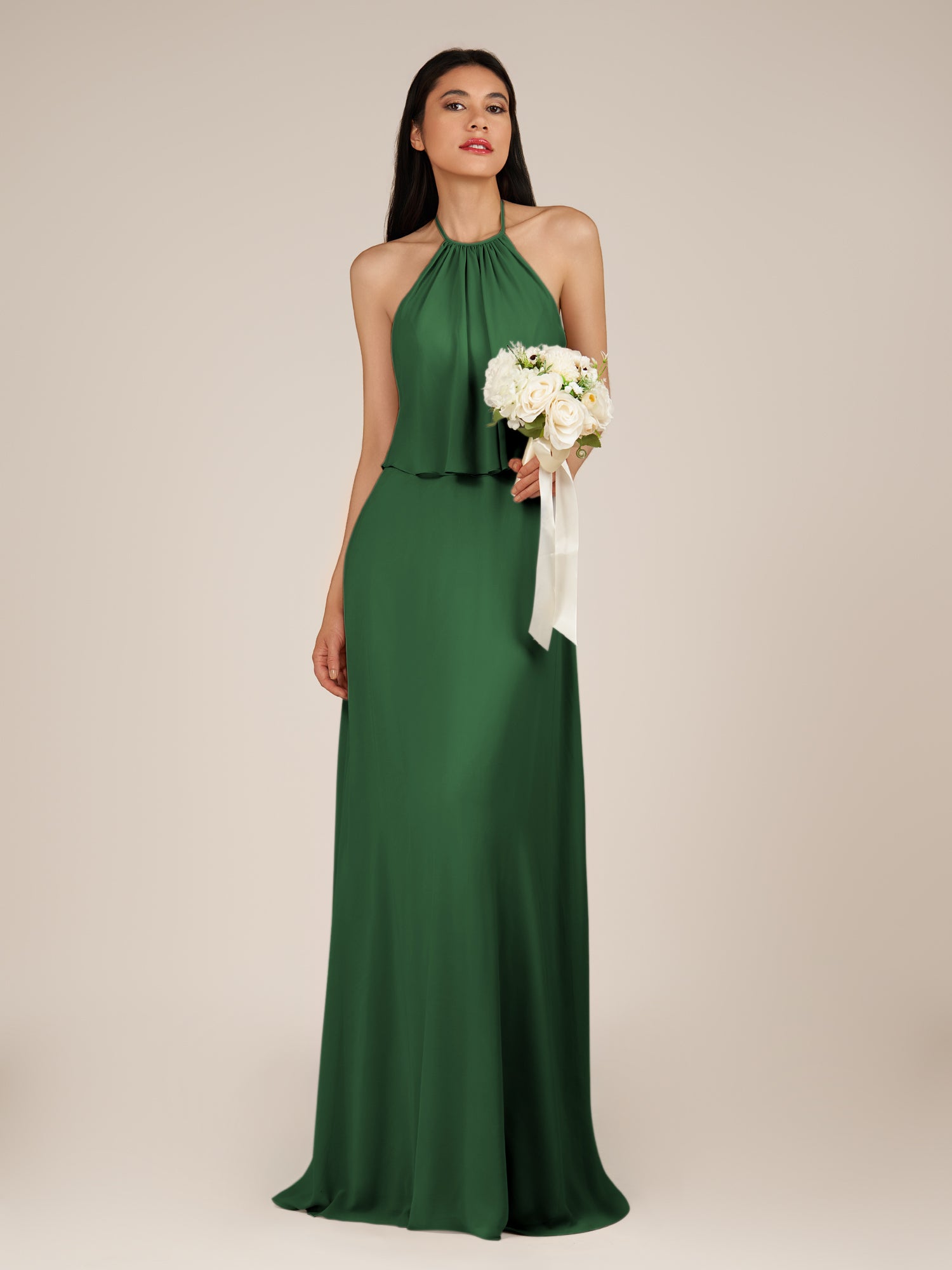 KissDress-Rhoswen Dark Green Sheath Chiffon Halter Neck Long Bridesmaid Dress