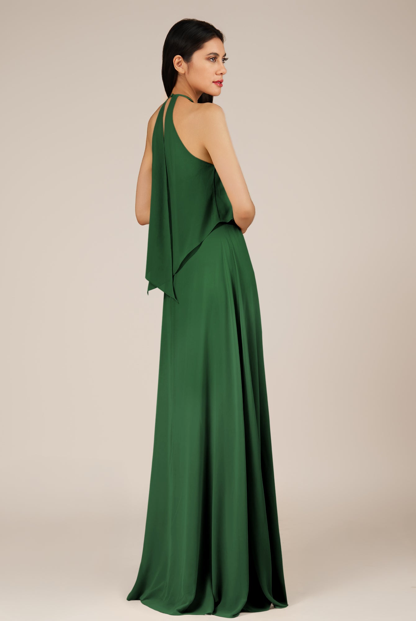 KissDress-Rhoswen Dark Green Sheath Chiffon Halter Neck Long Bridesmaid Dress