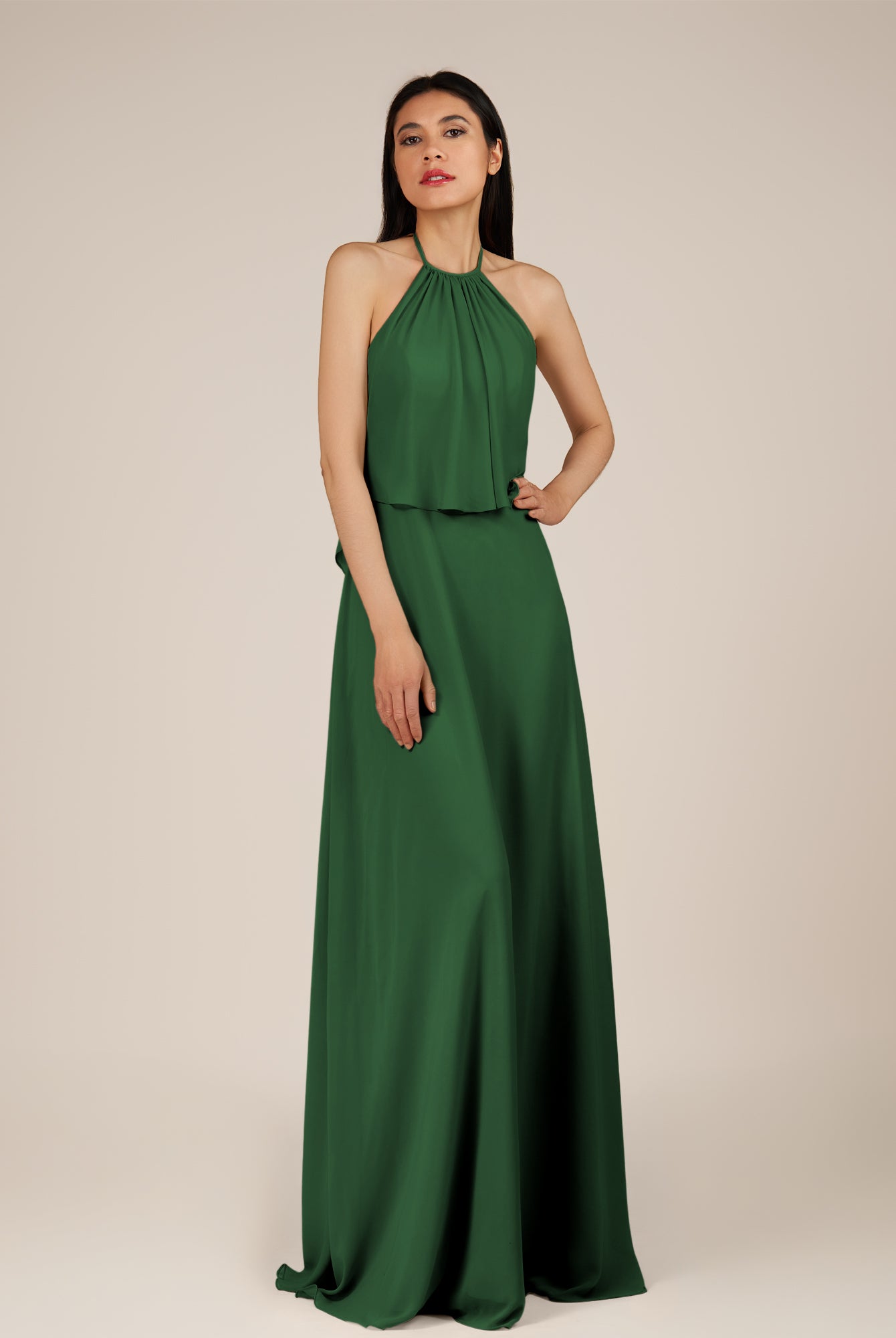 KissDress-Rhoswen Dark Green Sheath Chiffon Halter Neck Long Bridesmaid Dress