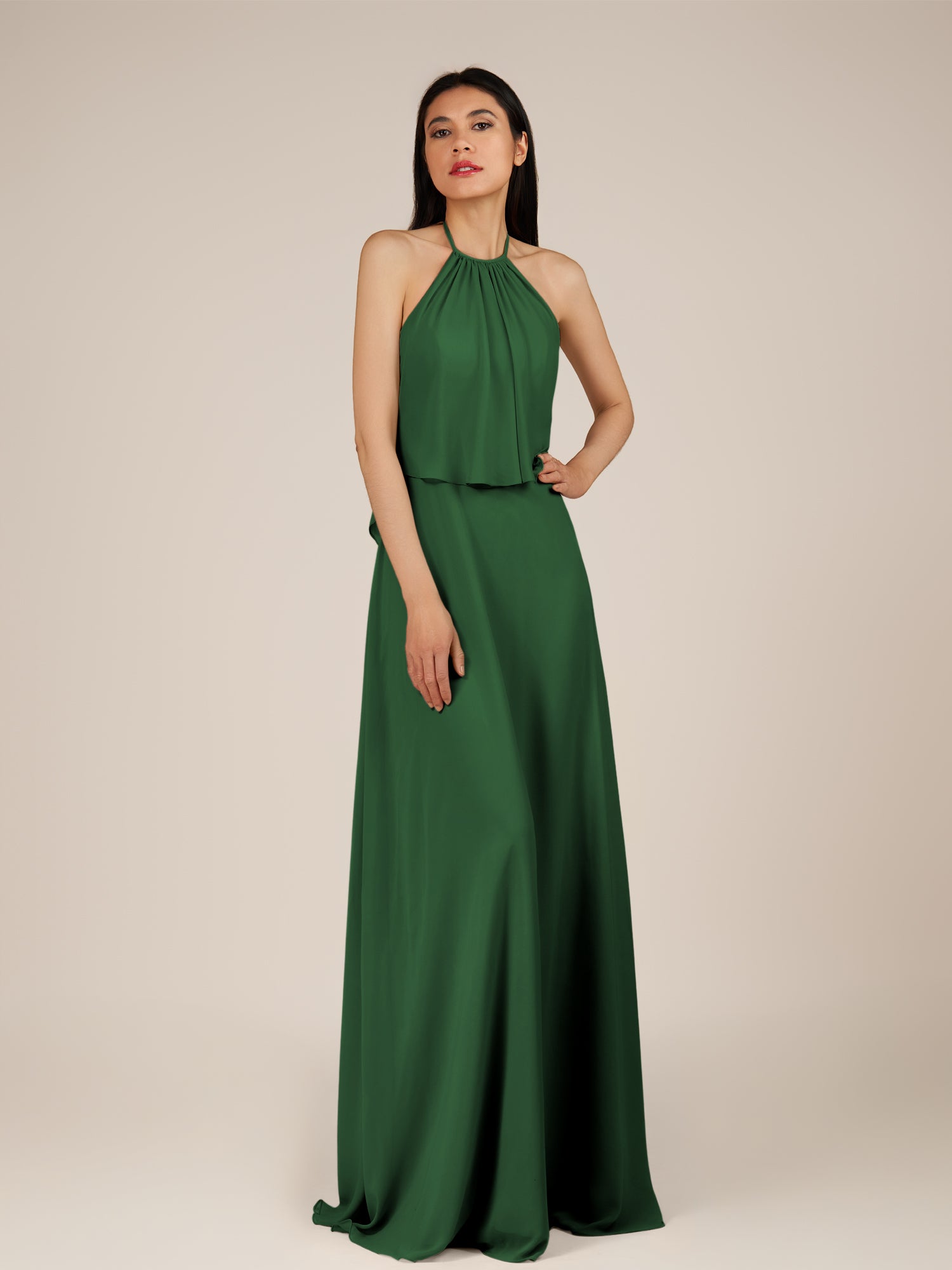 KissDress-Rhoswen Dark Green Sheath Chiffon Halter Neck Long Bridesmaid Dress