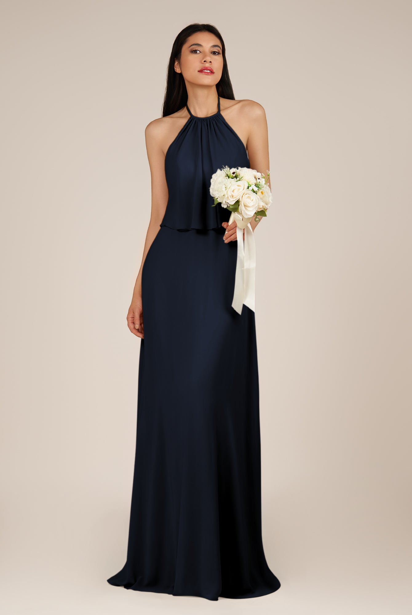 KissDress-Rhoswen Dark Navy Sheath Chiffon Halter Neck Long Bridesmaid Dress
