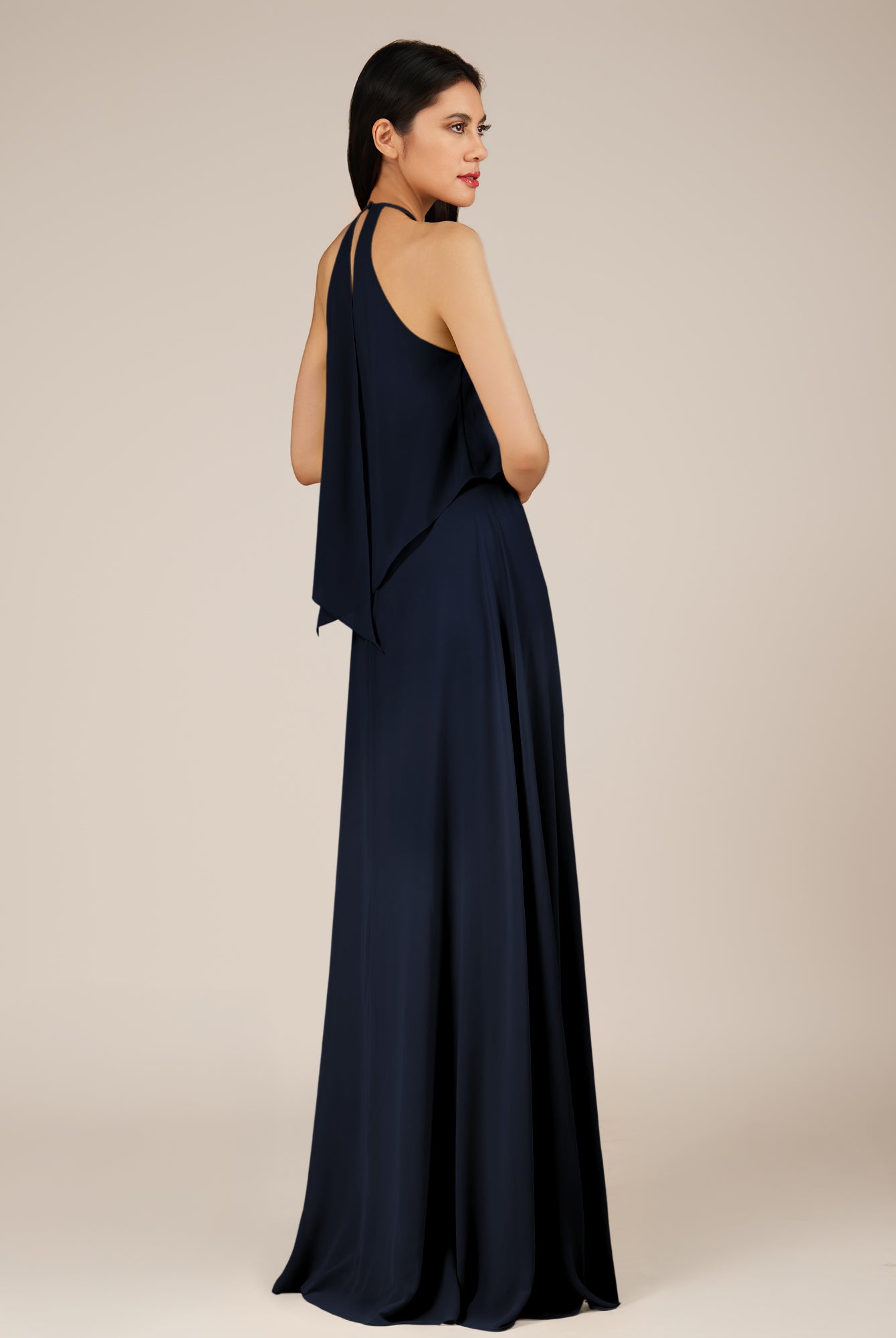 KissDress-Rhoswen Dark Navy Sheath Chiffon Halter Neck Long Bridesmaid Dress