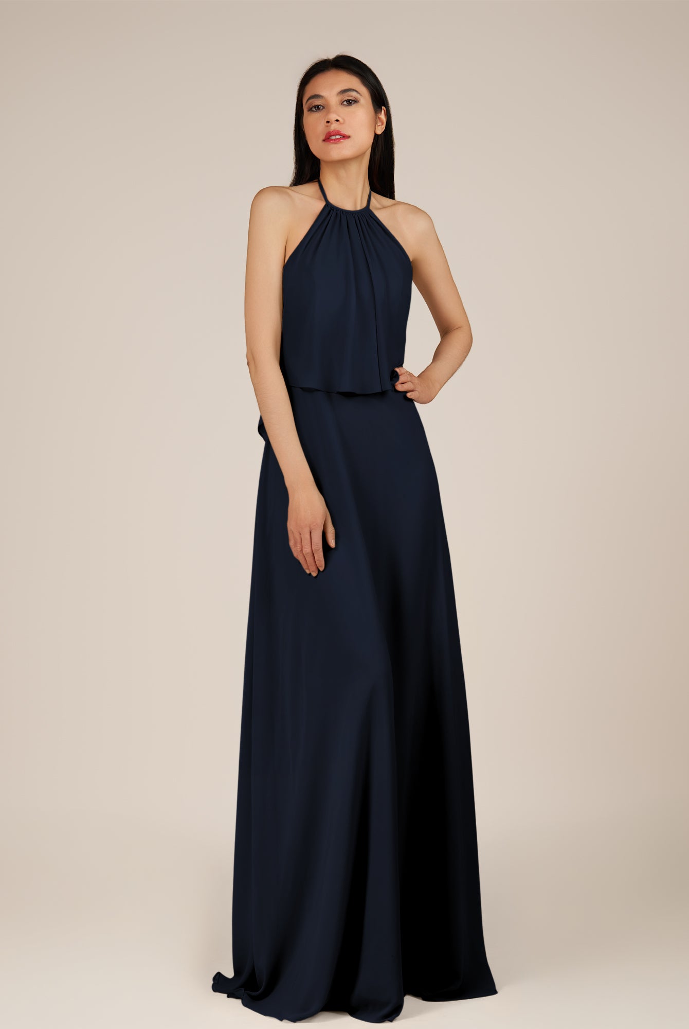 KissDress-Rhoswen Dark Navy Sheath Chiffon Halter Neck Long Bridesmaid Dress