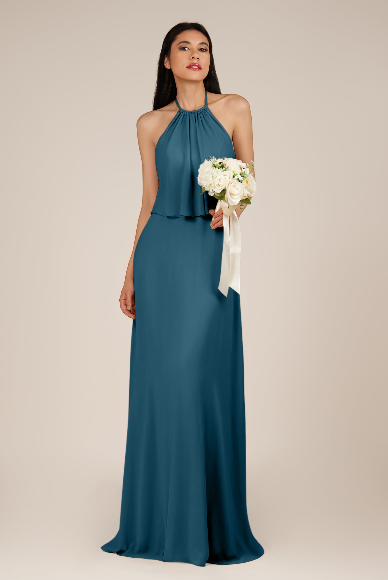KissDress-Rhoswen Dark Teal Sheath Chiffon Halter Neck Long Bridesmaid Dress