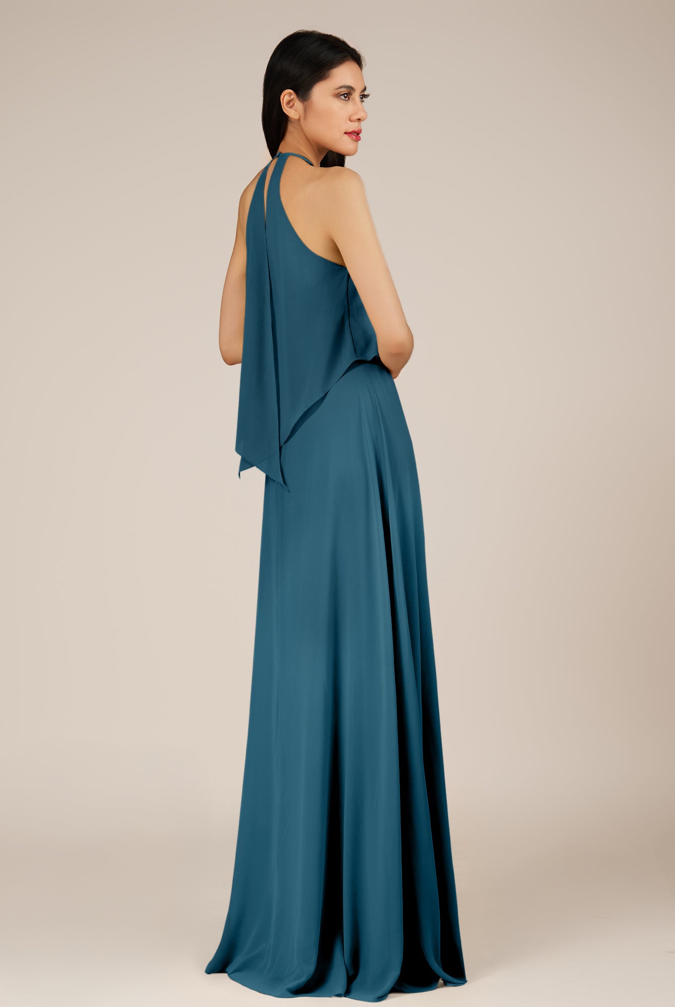 KissDress-Rhoswen Dark Teal Sheath Chiffon Halter Neck Long Bridesmaid Dress
