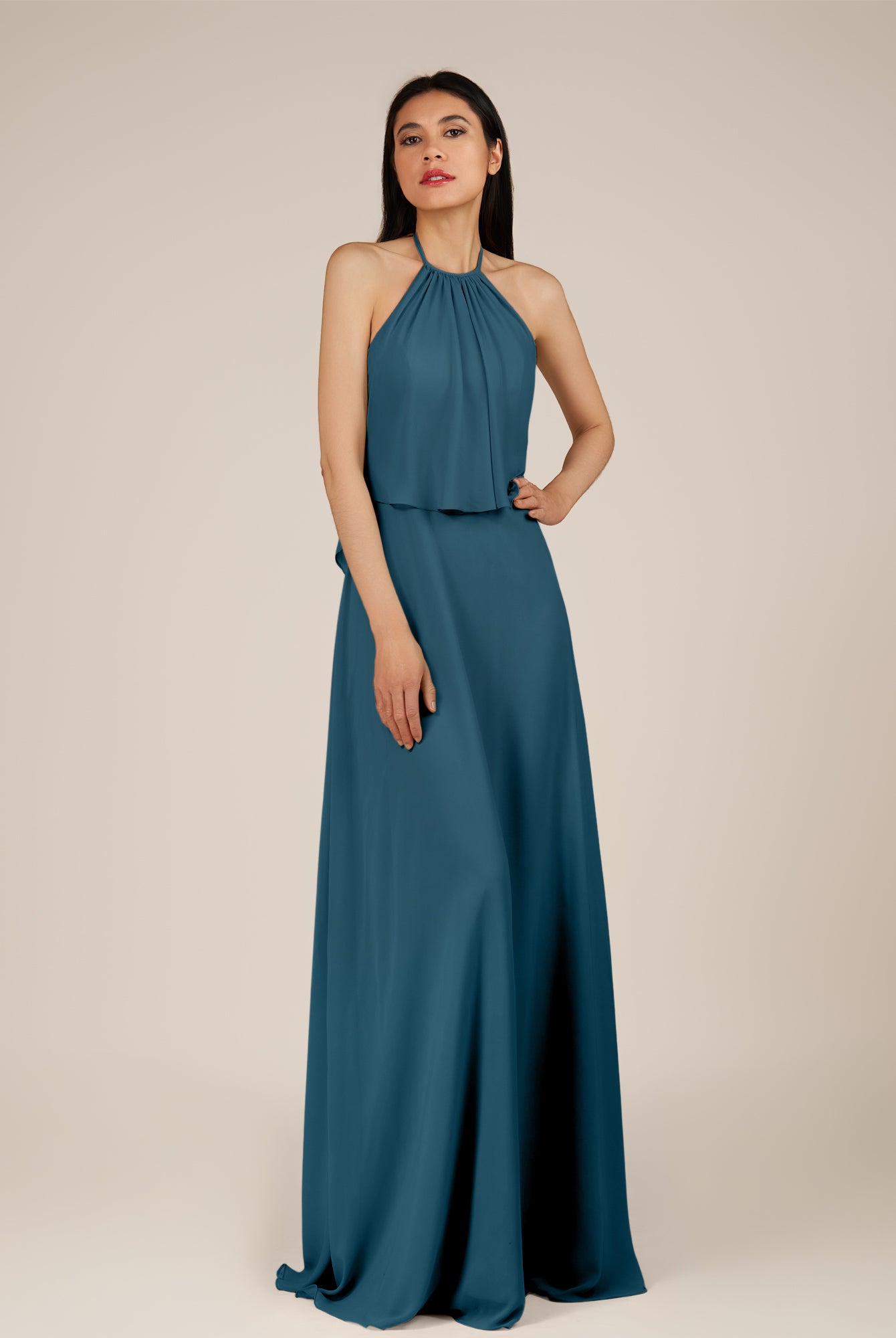 KissDress-Rhoswen Dark Teal Sheath Chiffon Halter Neck Long Bridesmaid Dress