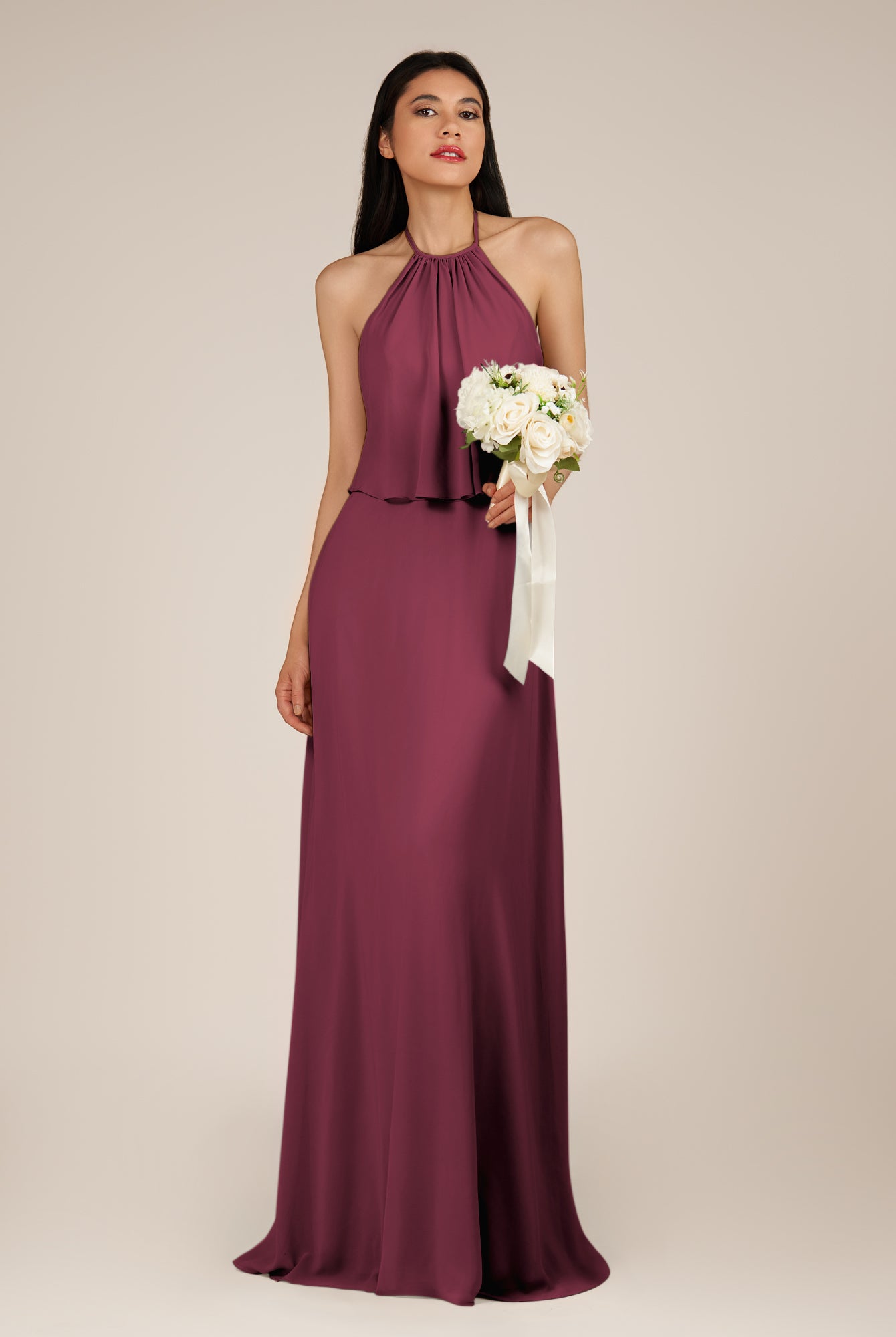 KissDress-Rhoswen Desert Rose Sheath Chiffon Halter Neck Long Bridesmaid Dress