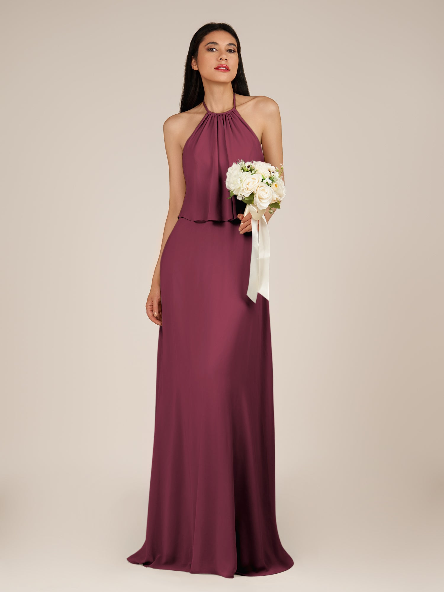 KissDress-Rhoswen Desert Rose Sheath Chiffon Halter Neck Long Bridesmaid Dress