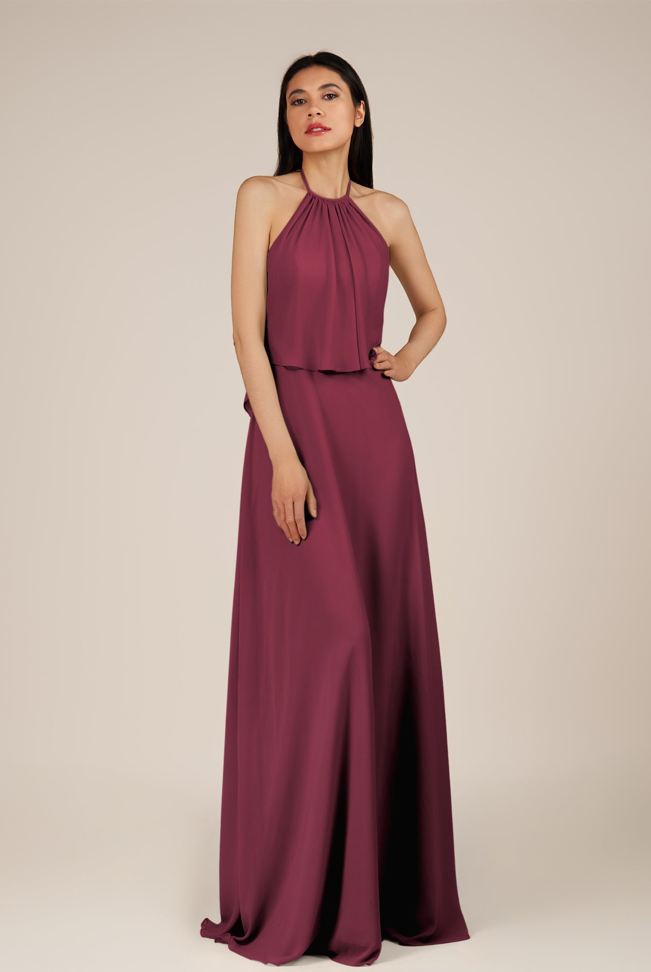 KissDress-Rhoswen Desert Rose Sheath Chiffon Halter Neck Long Bridesmaid Dress