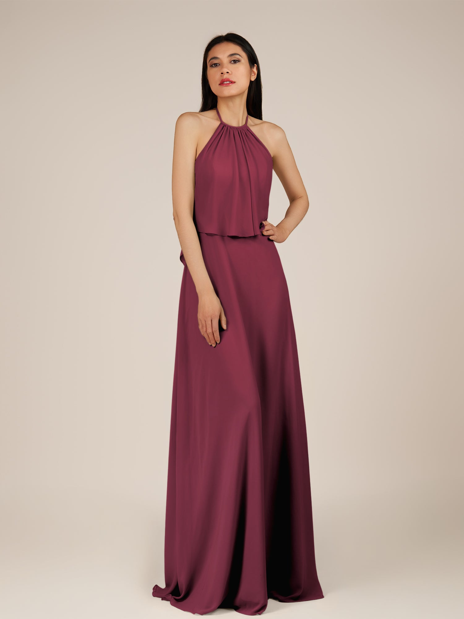 KissDress-Rhoswen Desert Rose Sheath Chiffon Halter Neck Long Bridesmaid Dress