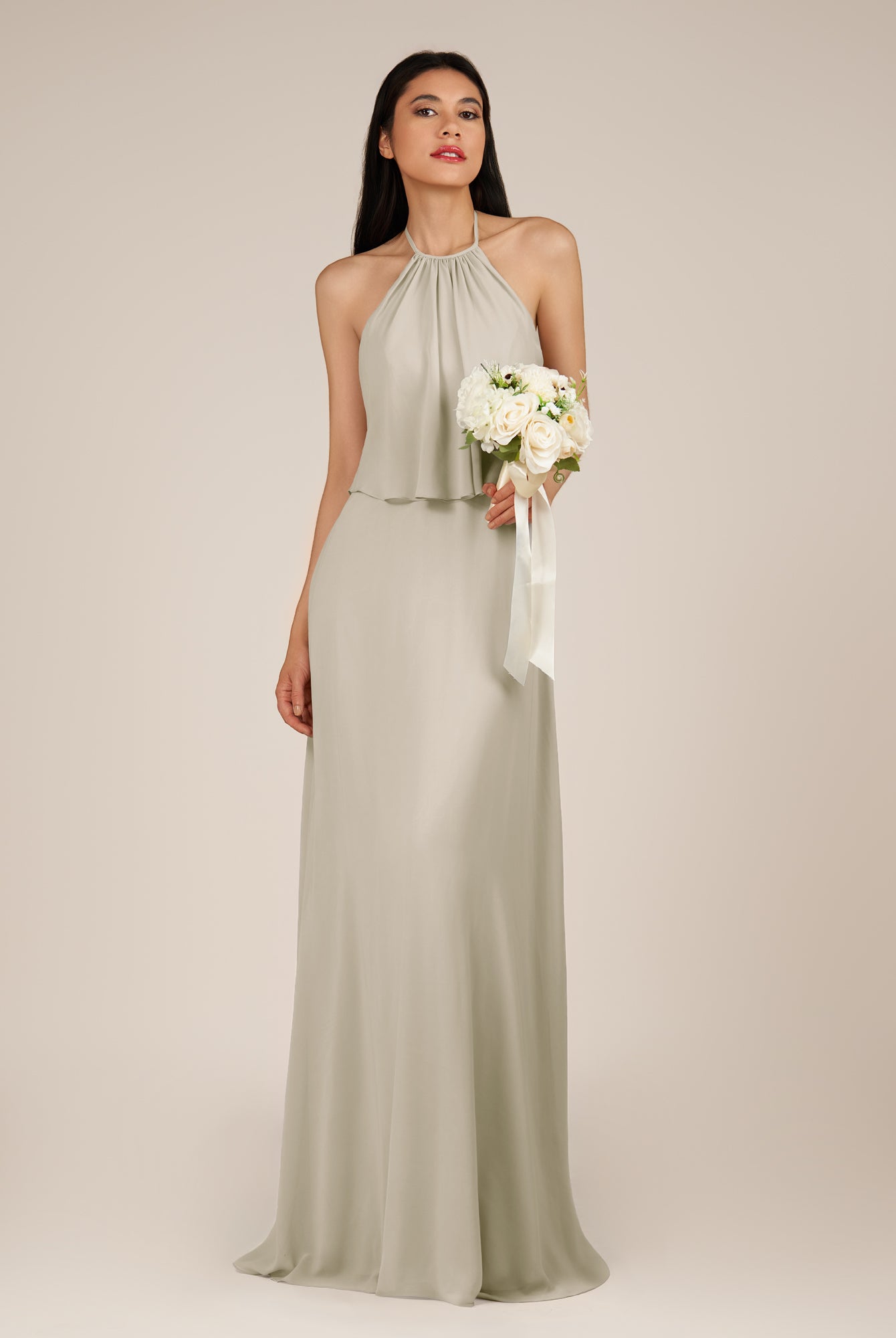 KissDress-Rhoswen Dove Gray Sheath Chiffon Halter Neck Long Bridesmaid Dress