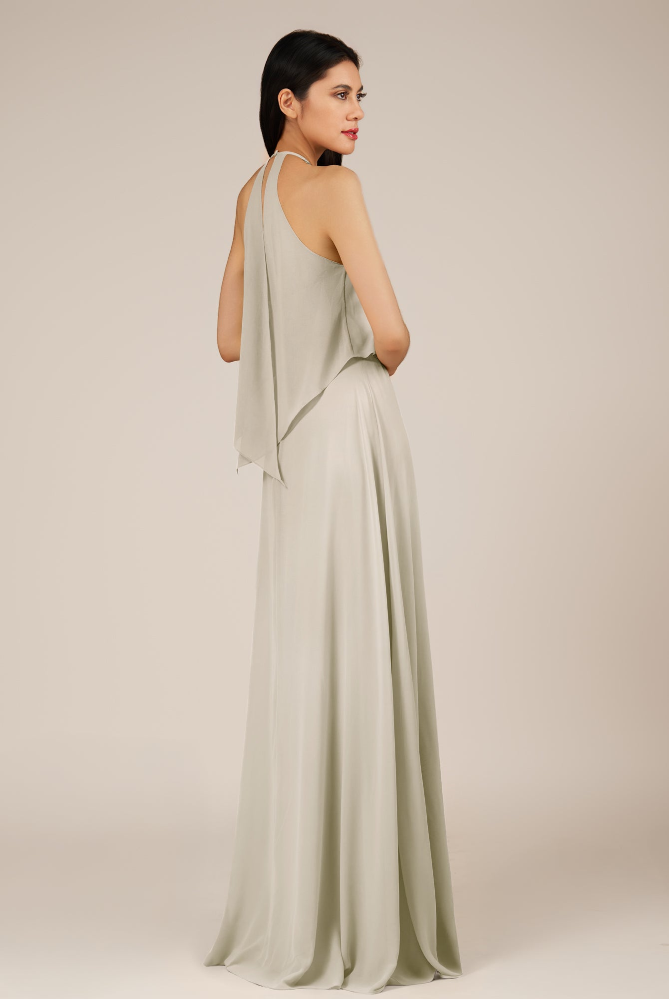 KissDress-Rhoswen Dove Gray Sheath Chiffon Halter Neck Long Bridesmaid Dress
