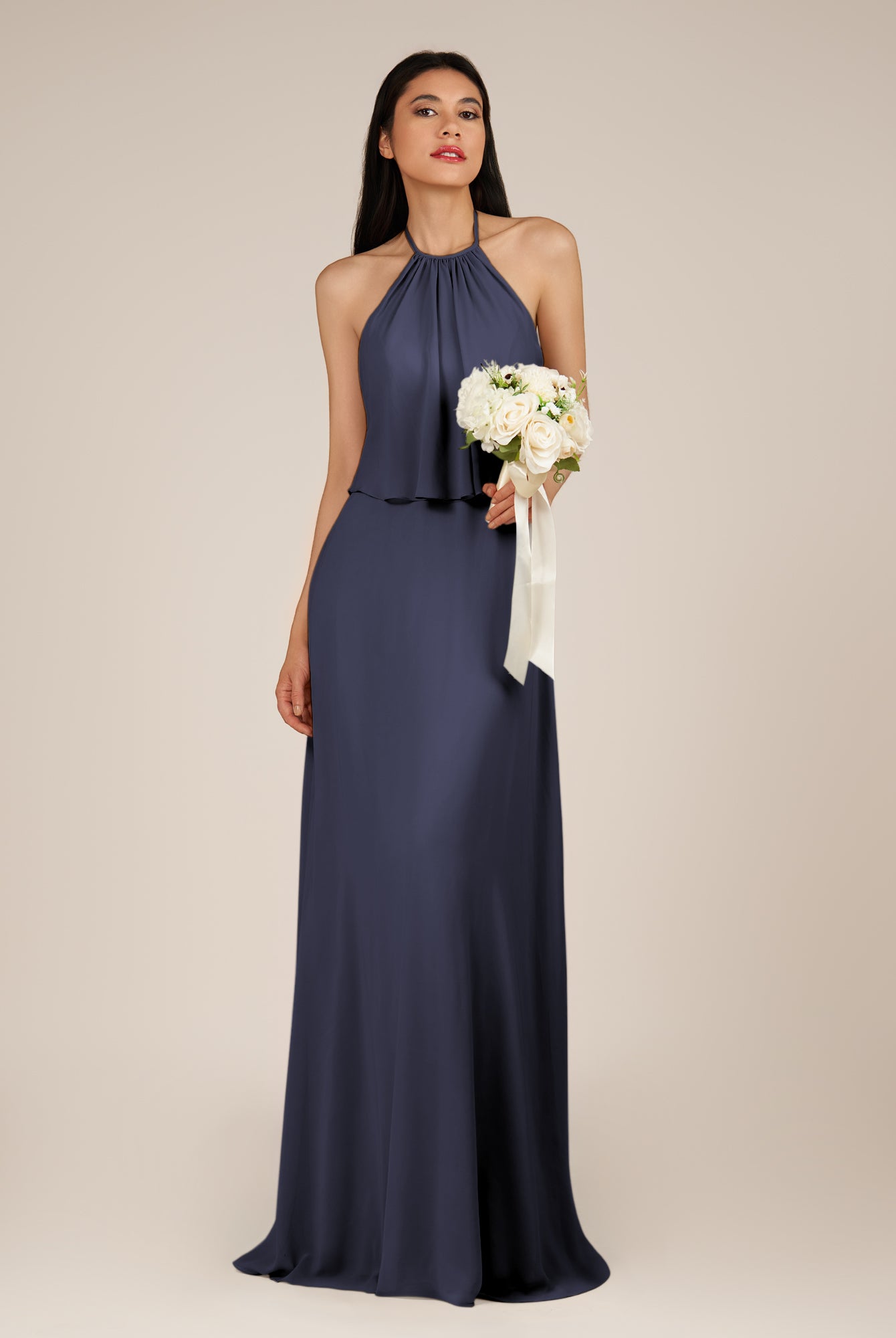 KissDress-Rhoswen Dusk Blue Sheath Chiffon Halter Neck Long Bridesmaid Dress