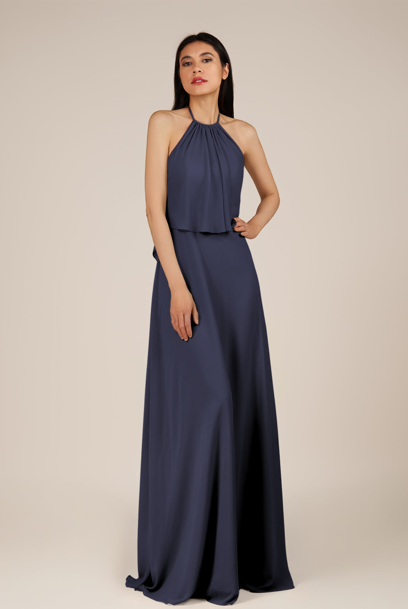KissDress-Rhoswen Dusk Blue Sheath Chiffon Halter Neck Long Bridesmaid Dress