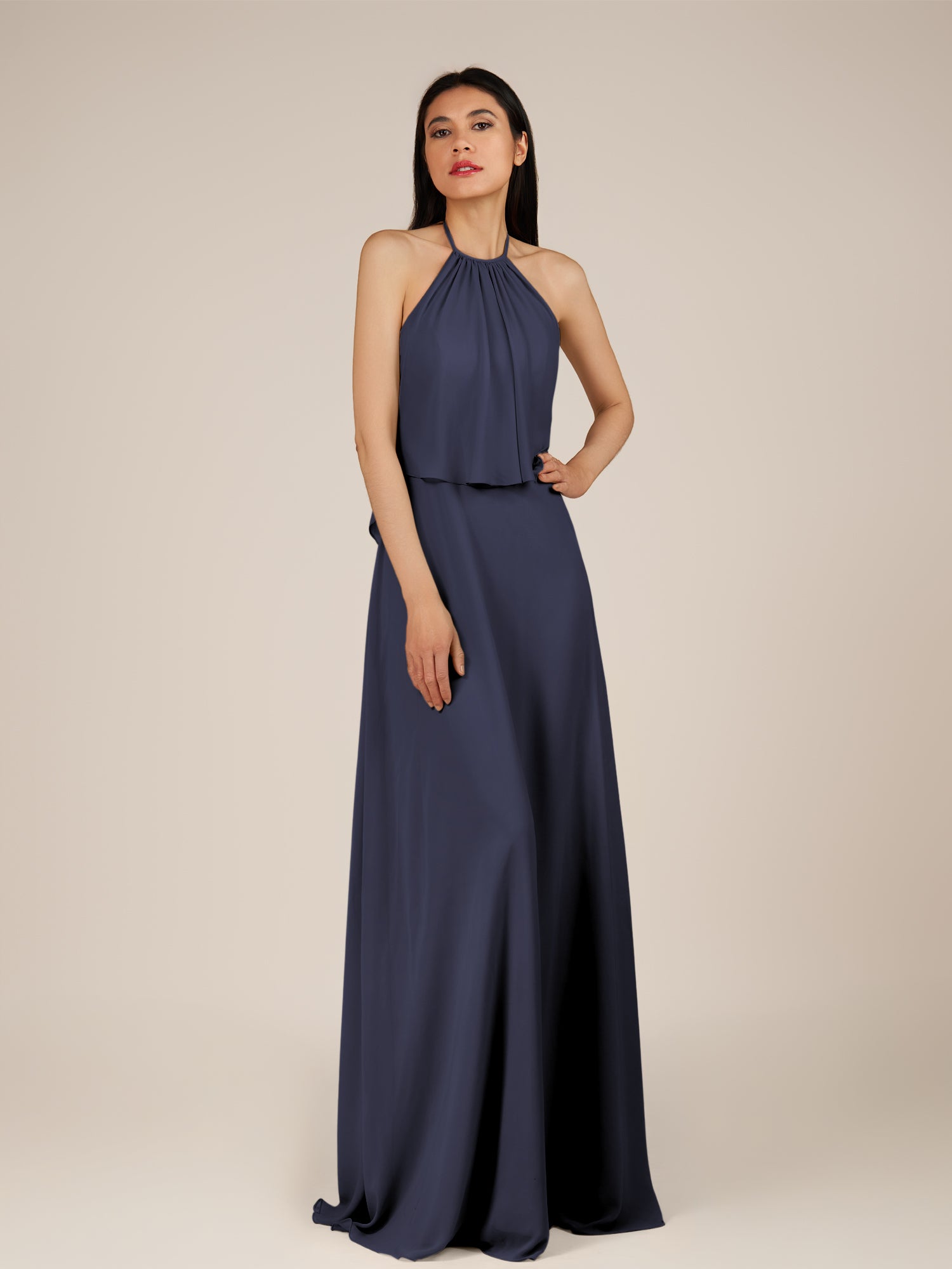 KissDress-Rhoswen Dusk Blue Sheath Chiffon Halter Neck Long Bridesmaid Dress