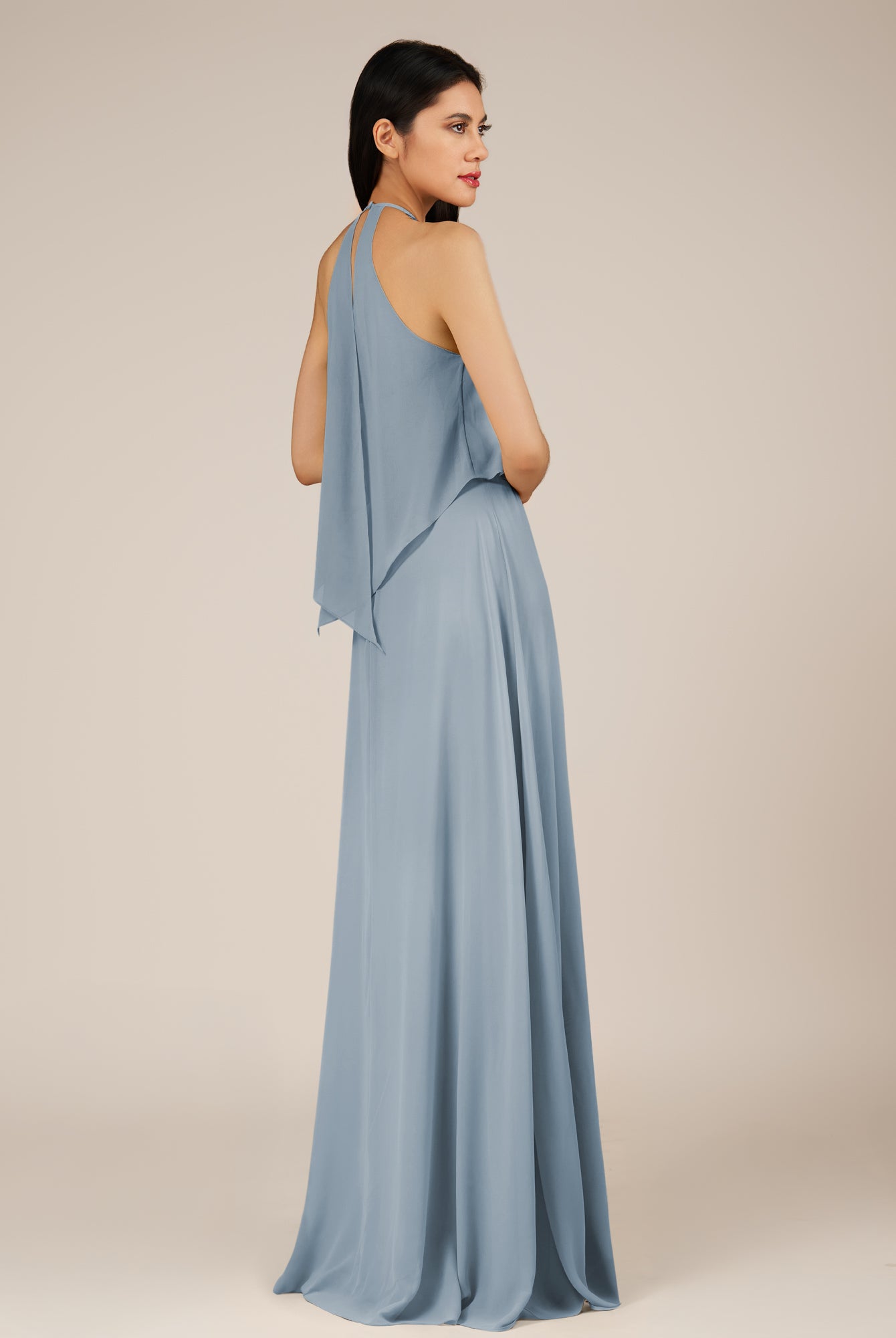 KissDress-Rhoswen Dusty Blue Sheath Chiffon Halter Neck Long Bridesmaid Dress