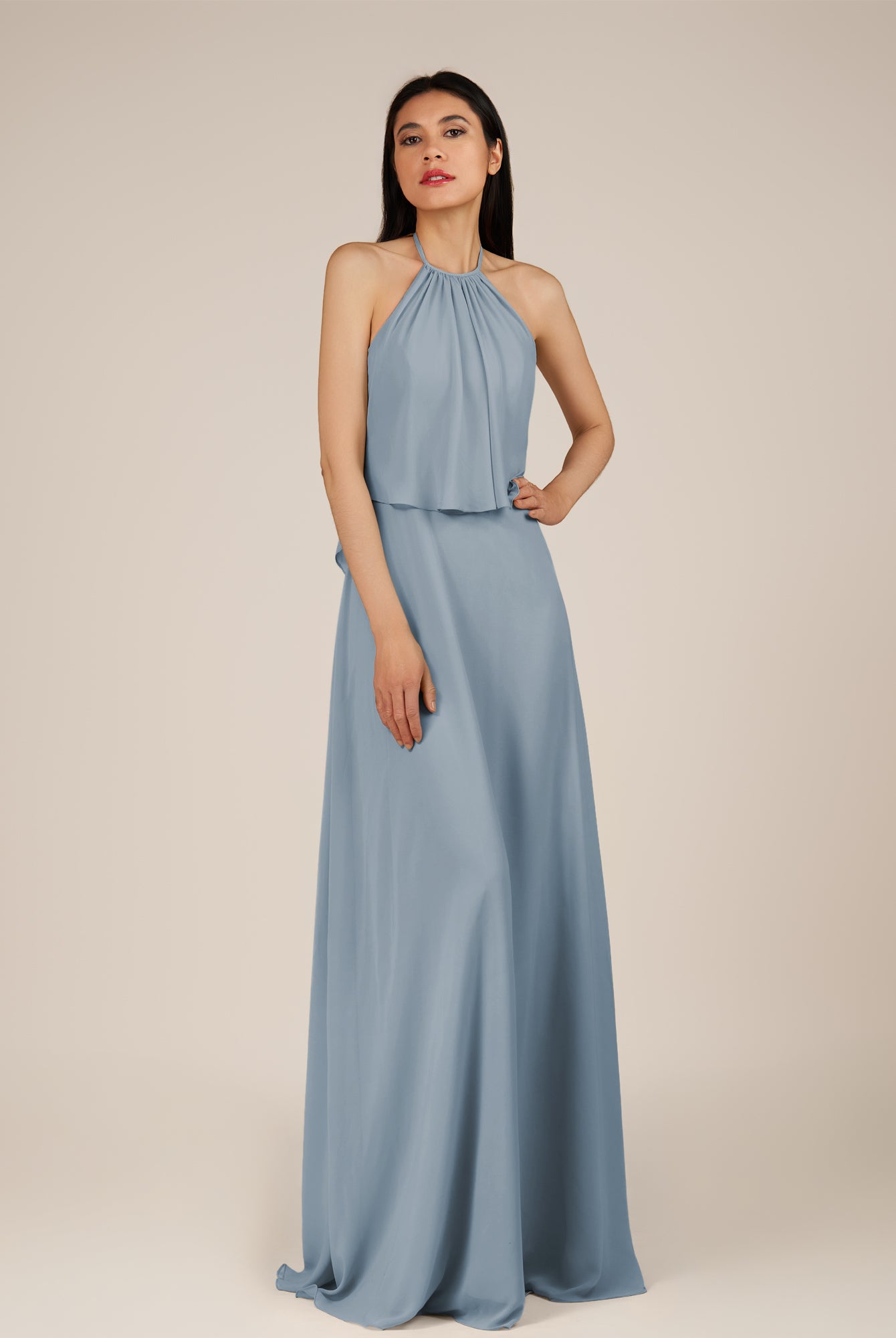KissDress-Rhoswen Dusty Blue Sheath Chiffon Halter Neck Long Bridesmaid Dress