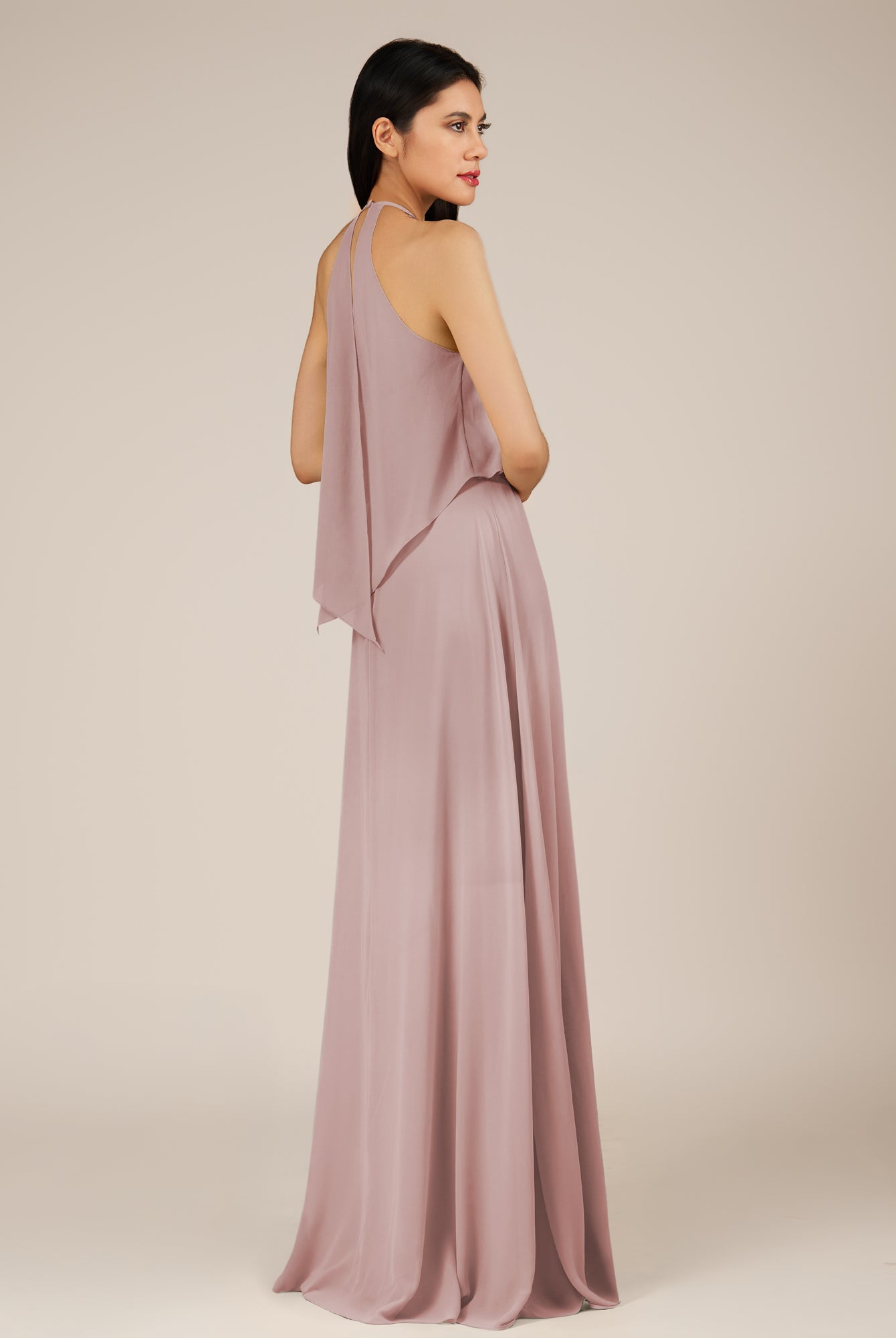 KissDress-Rhoswen Dusty Rose Sheath Chiffon Halter Neck Long Bridesmaid Dress