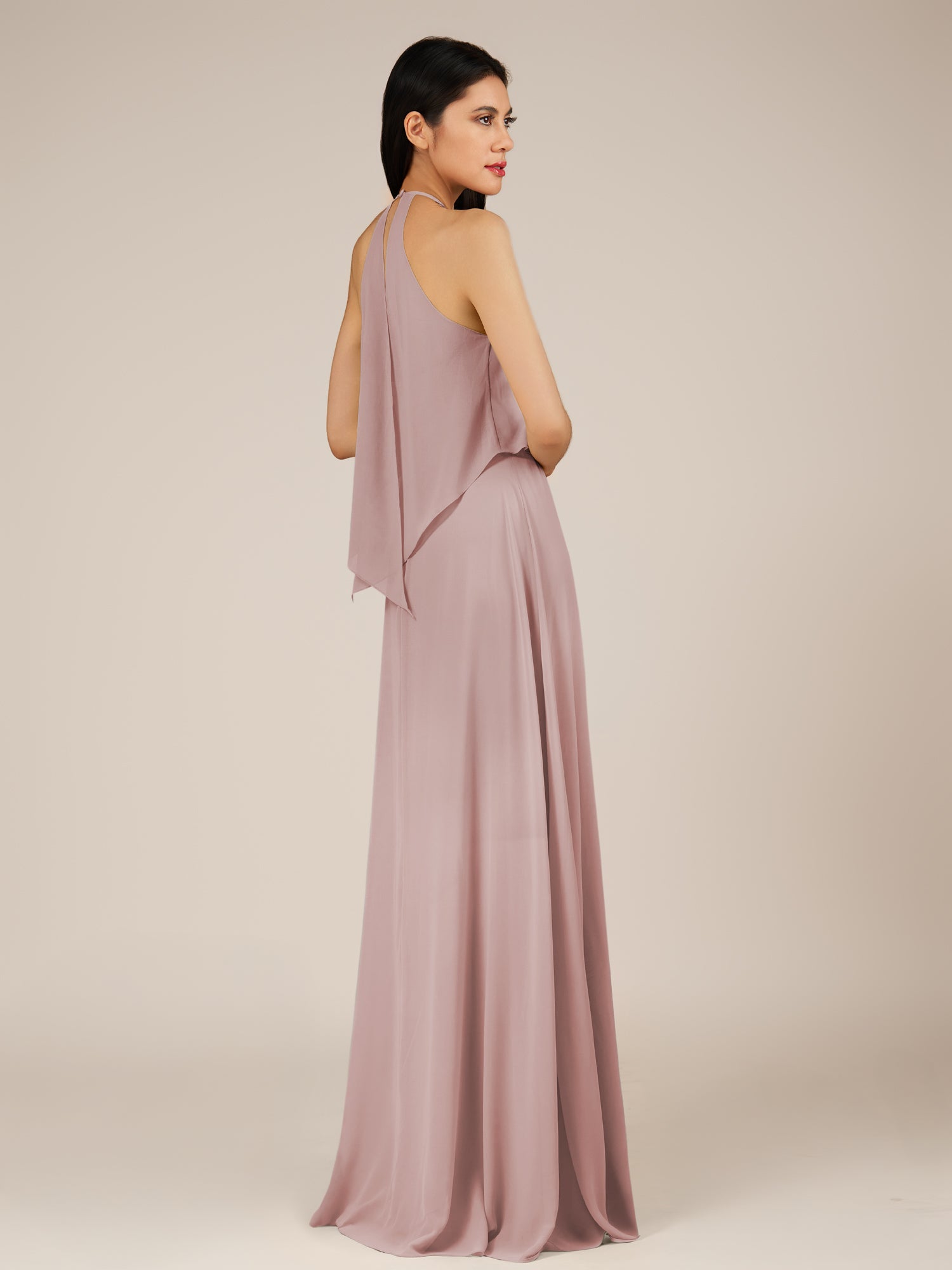KissDress-Rhoswen Dusty Rose Sheath Chiffon Halter Neck Long Bridesmaid Dress