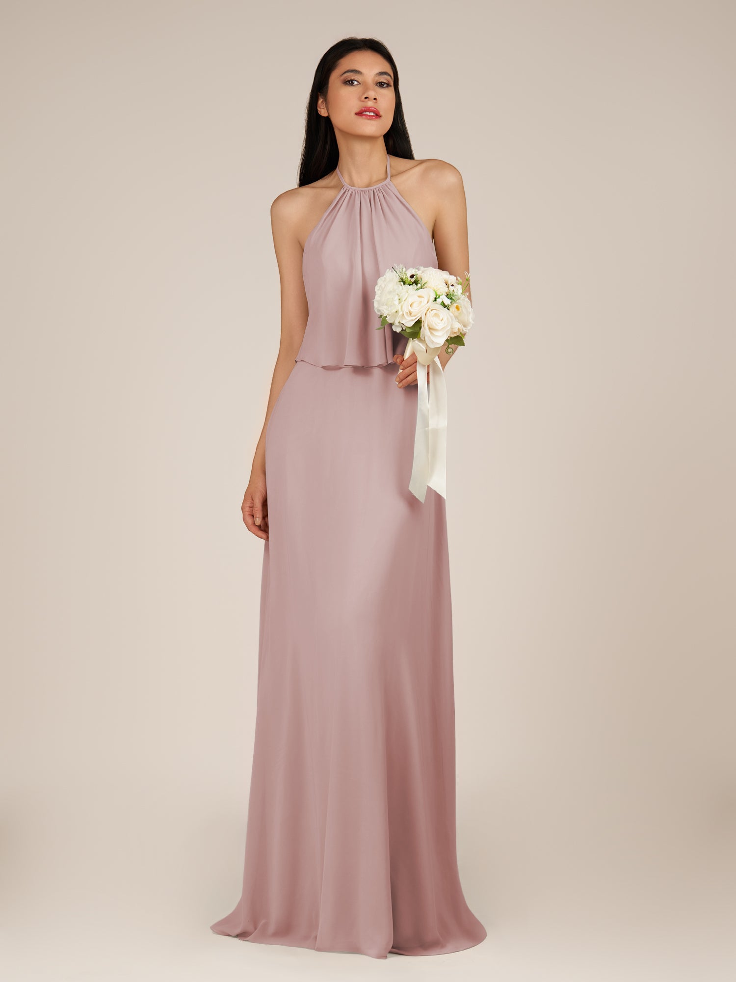 KissDress-Rhoswen Dusty Rose Sheath Chiffon Halter Neck Long Bridesmaid Dress