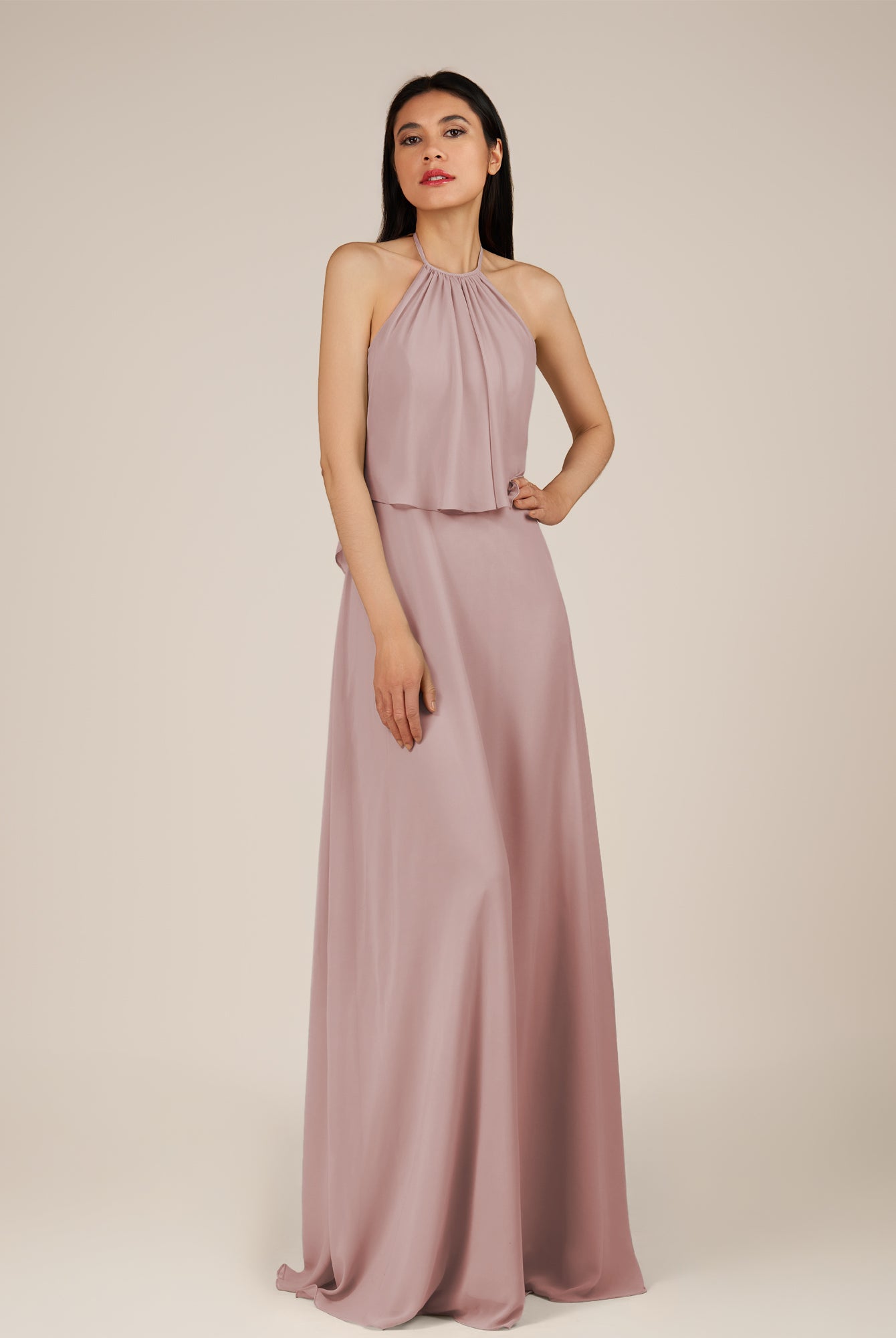 KissDress-Rhoswen Dusty Rose Sheath Chiffon Halter Neck Long Bridesmaid Dress