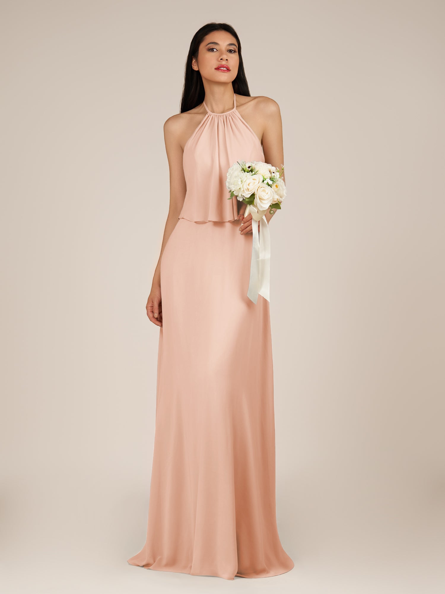 KissDress-Rhoswen English Rose Sheath Chiffon Halter Neck Long Bridesmaid Dress