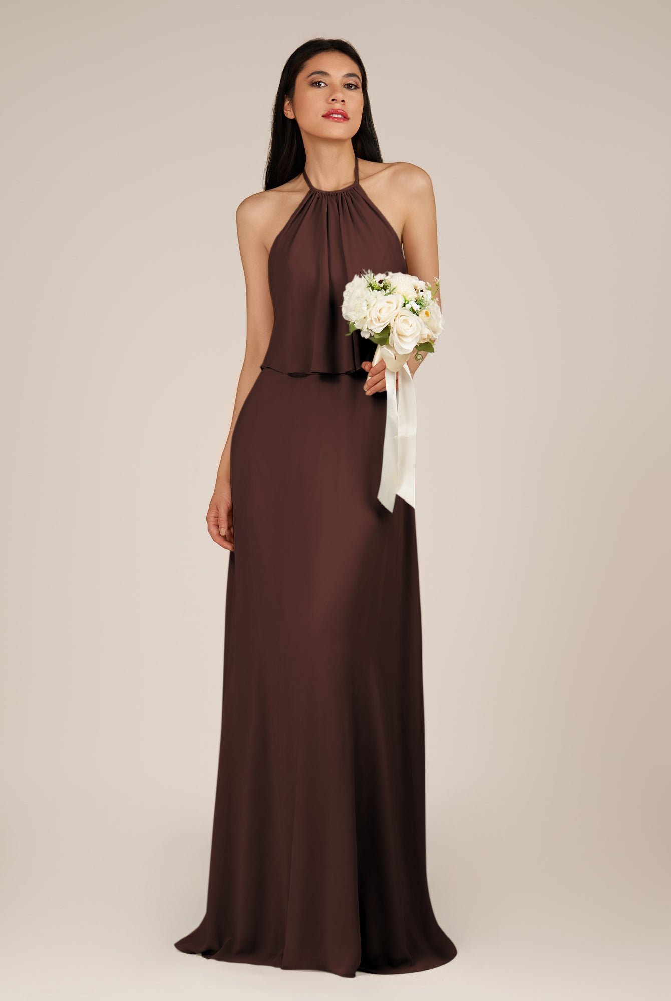KissDress-Rhoswen Espresso Sheath Chiffon Halter Neck Long Bridesmaid Dress