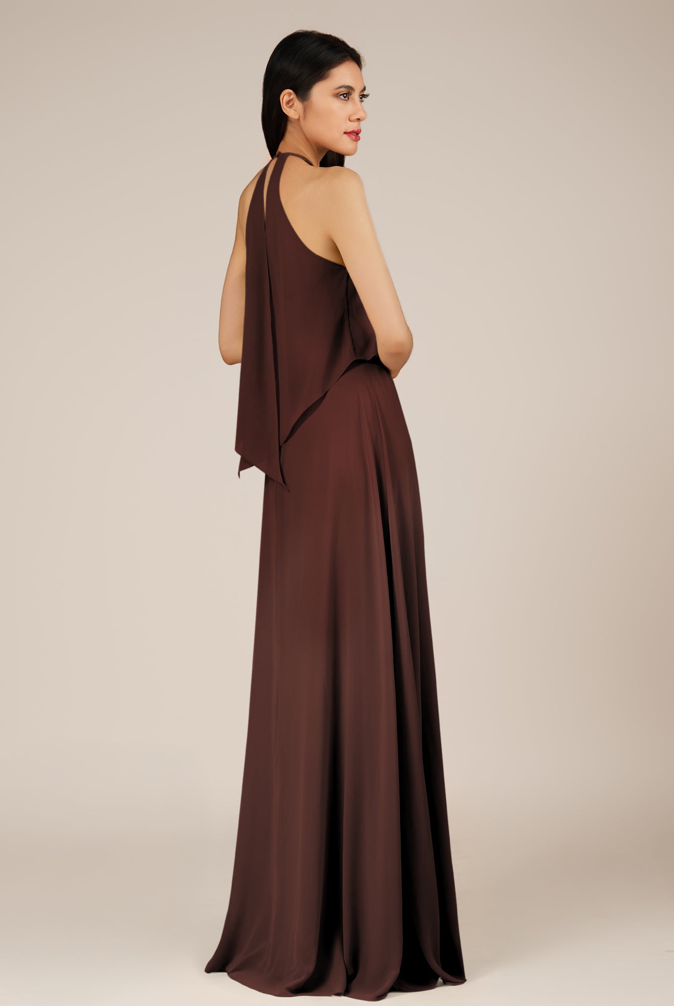 KissDress-Rhoswen Espresso Sheath Chiffon Halter Neck Long Bridesmaid Dress