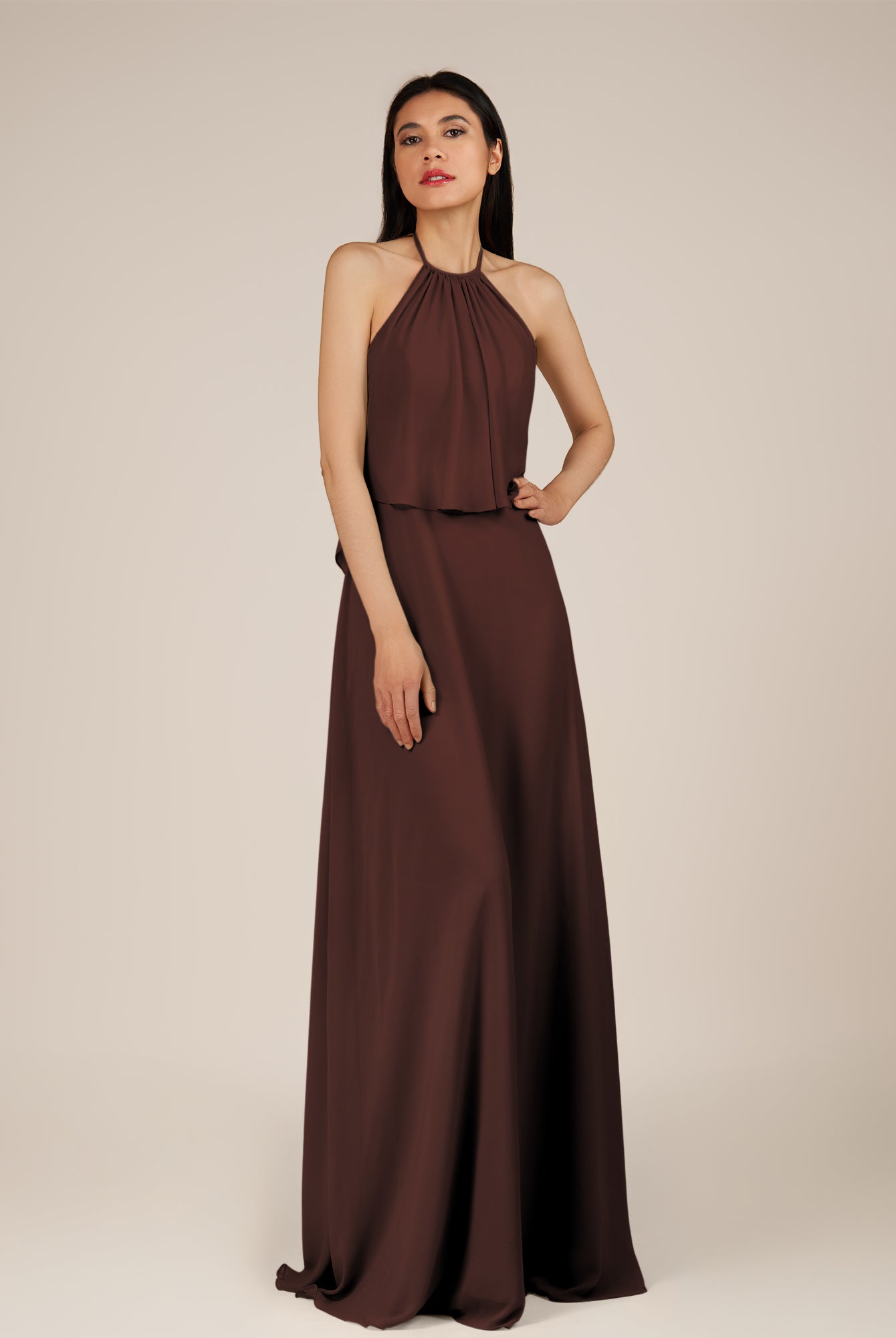 KissDress-Rhoswen Espresso Sheath Chiffon Halter Neck Long Bridesmaid Dress