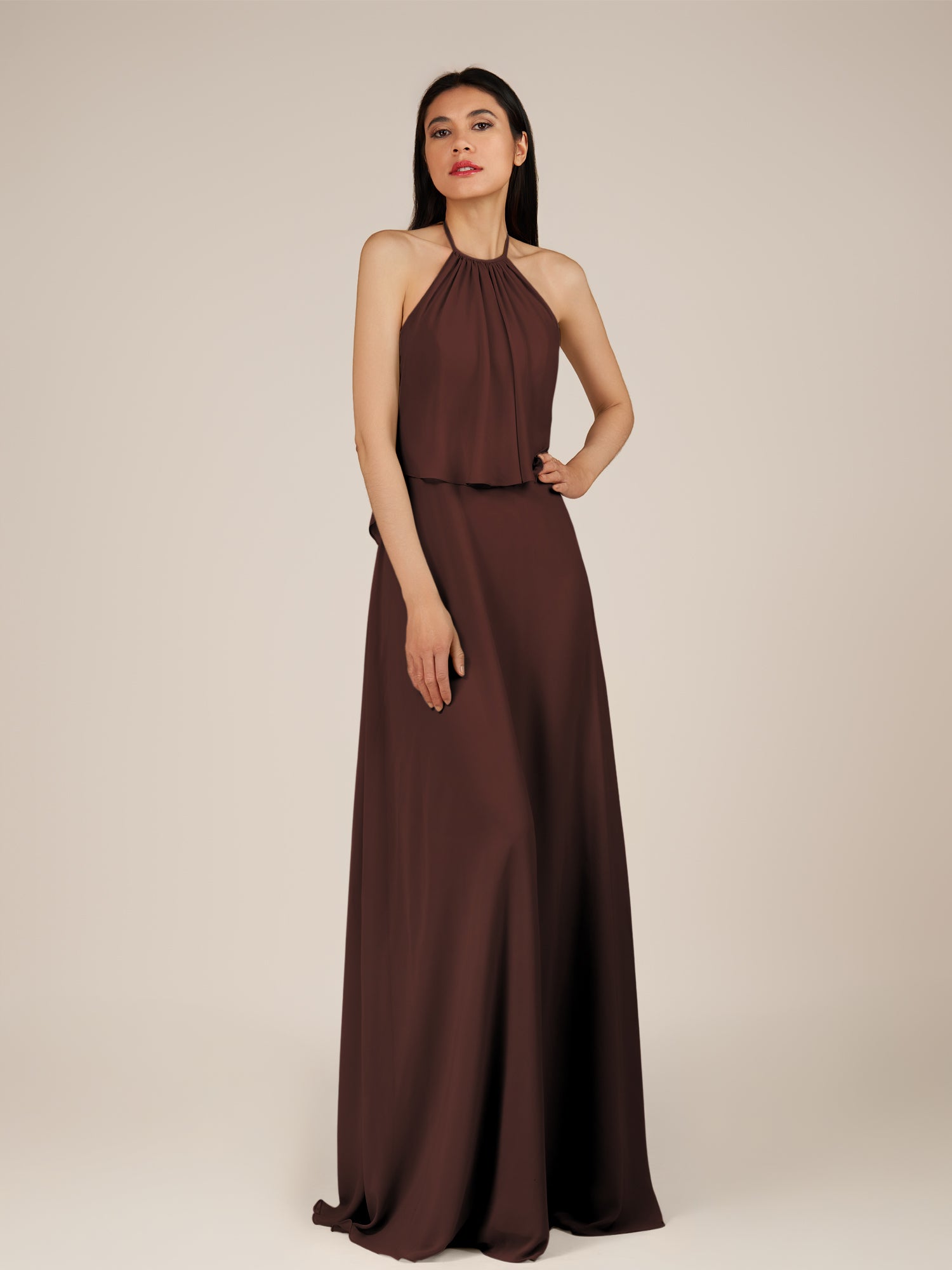 KissDress-Rhoswen Espresso Sheath Chiffon Halter Neck Long Bridesmaid Dress