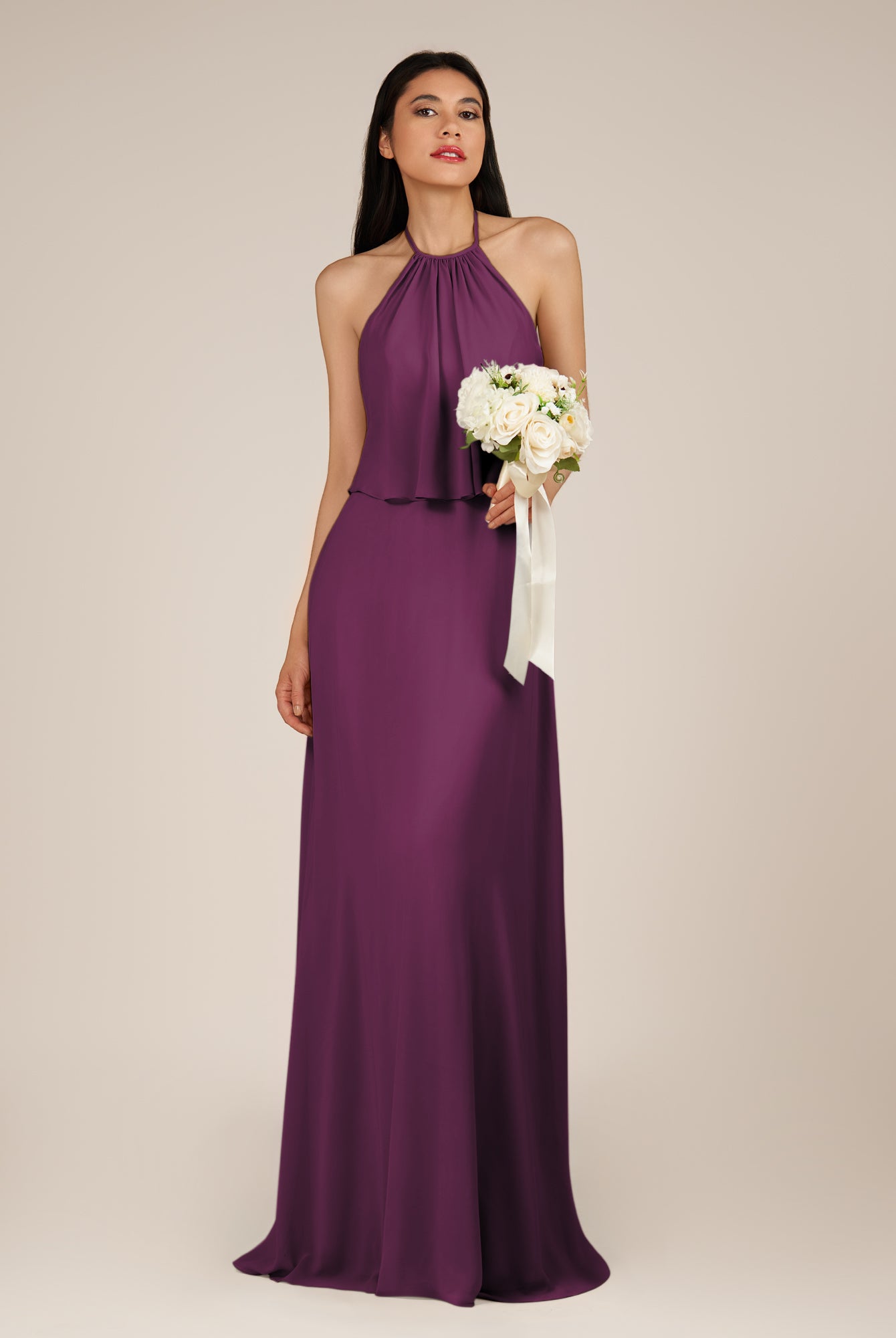 KissDress-Rhoswen Fig Sheath Chiffon Halter Neck Long Bridesmaid Dress