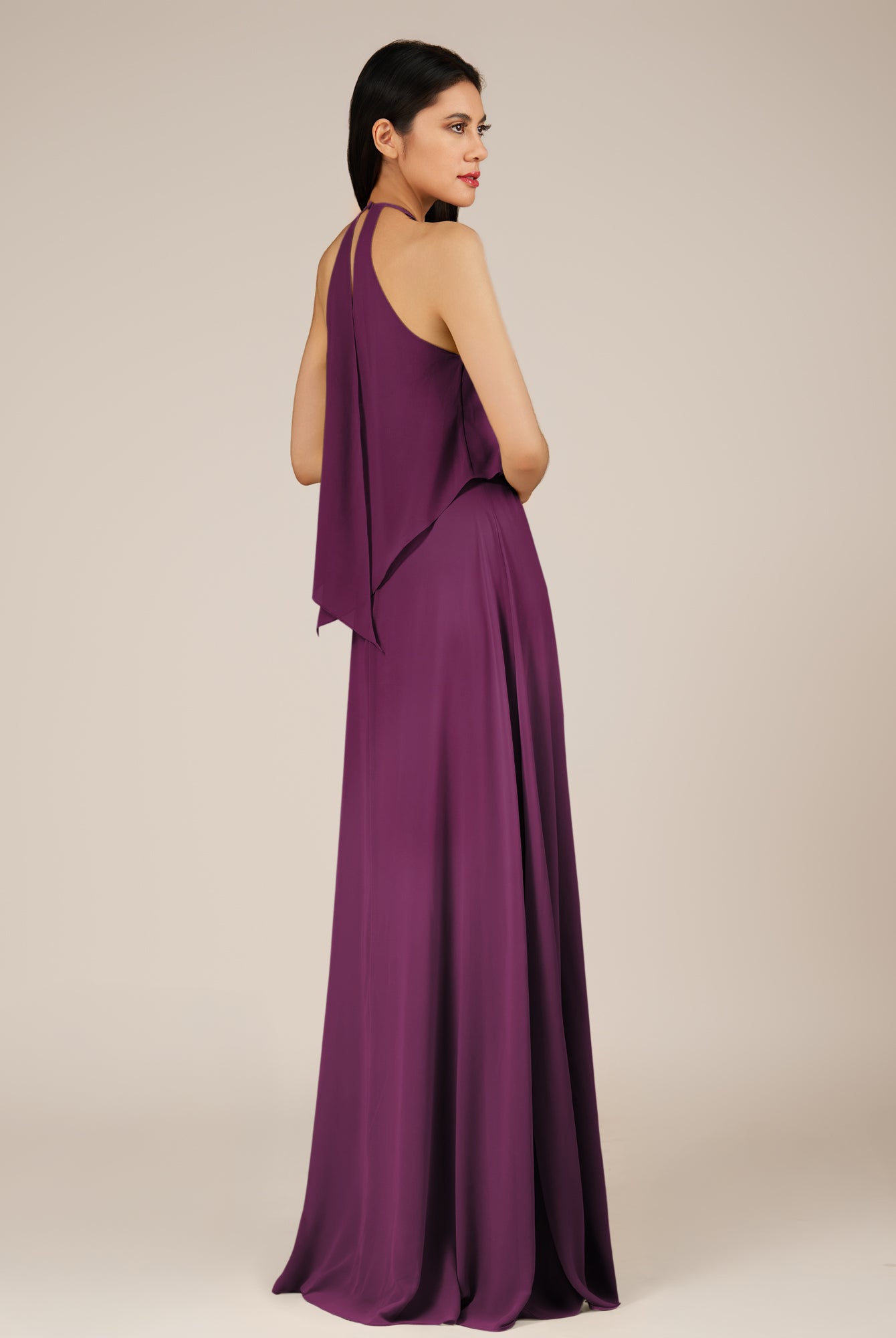 KissDress-Rhoswen Fig Sheath Chiffon Halter Neck Long Bridesmaid Dress