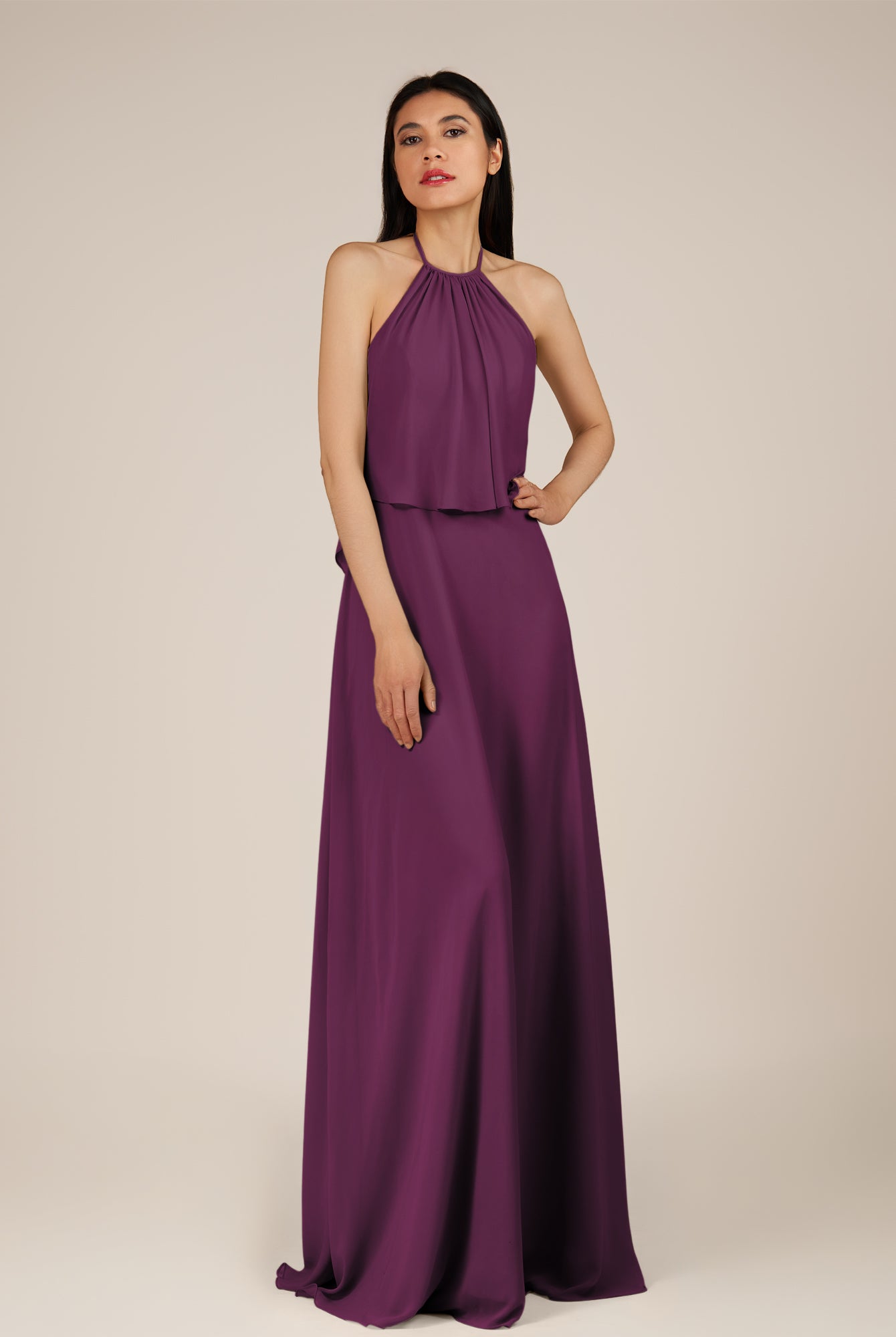 KissDress-Rhoswen Fig Sheath Chiffon Halter Neck Long Bridesmaid Dress