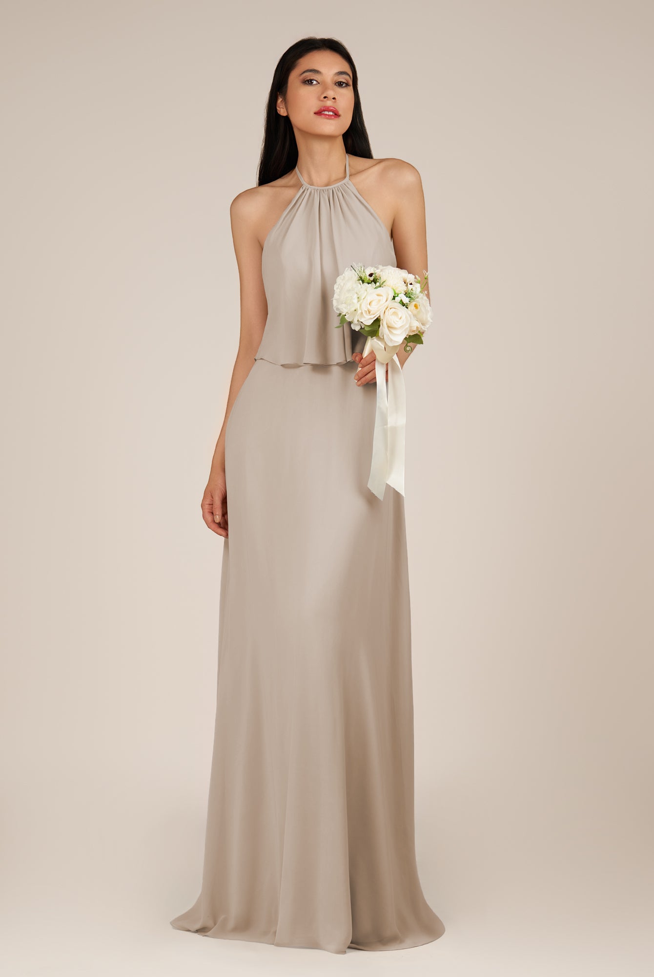 KissDress-Rhoswen Frost Sheath Chiffon Halter Neck Long Bridesmaid Dress