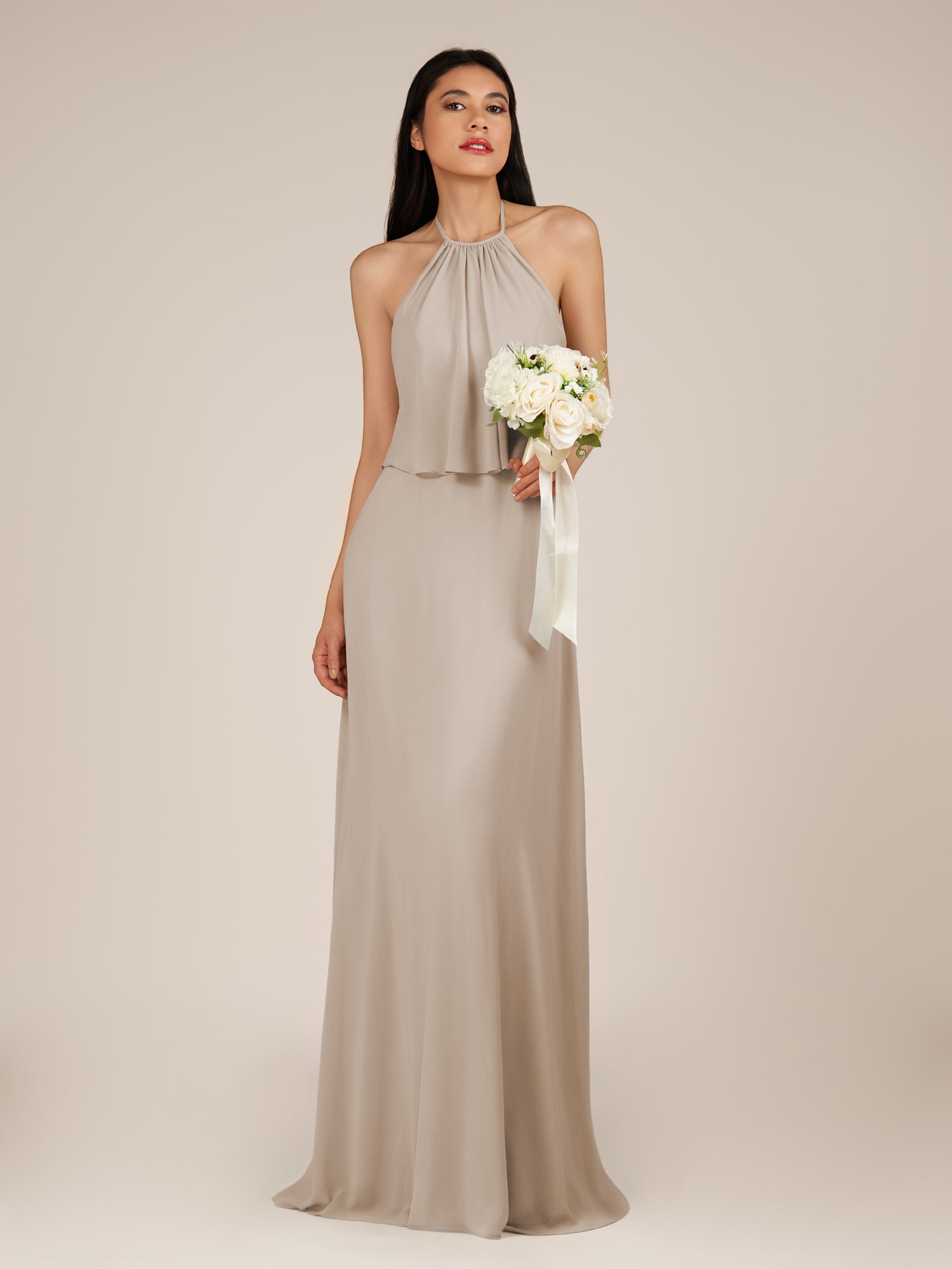 KissDress-Rhoswen Frost Sheath Chiffon Halter Neck Long Bridesmaid Dress