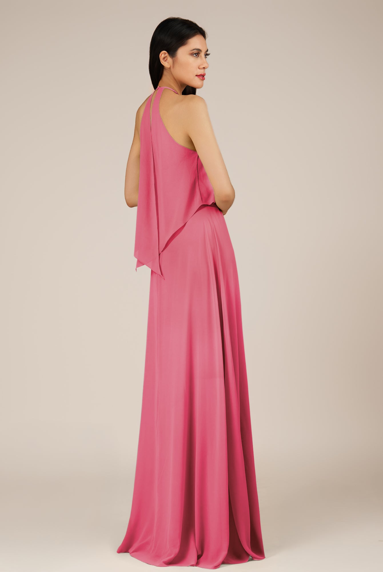 KissDress-Rhoswen Fuchsia Sheath Chiffon Halter Neck Long Bridesmaid Dress
