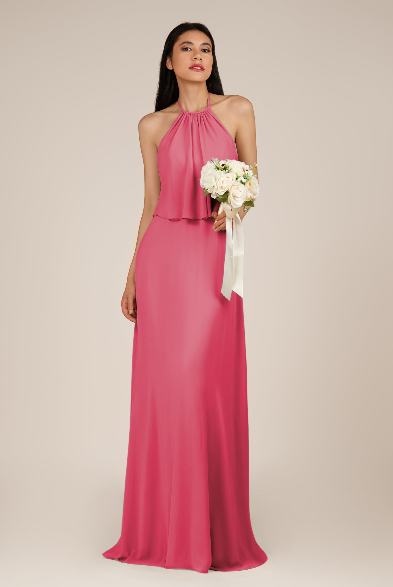 KissDress-Rhoswen Fuchsia Sheath Chiffon Halter Neck Long Bridesmaid Dress